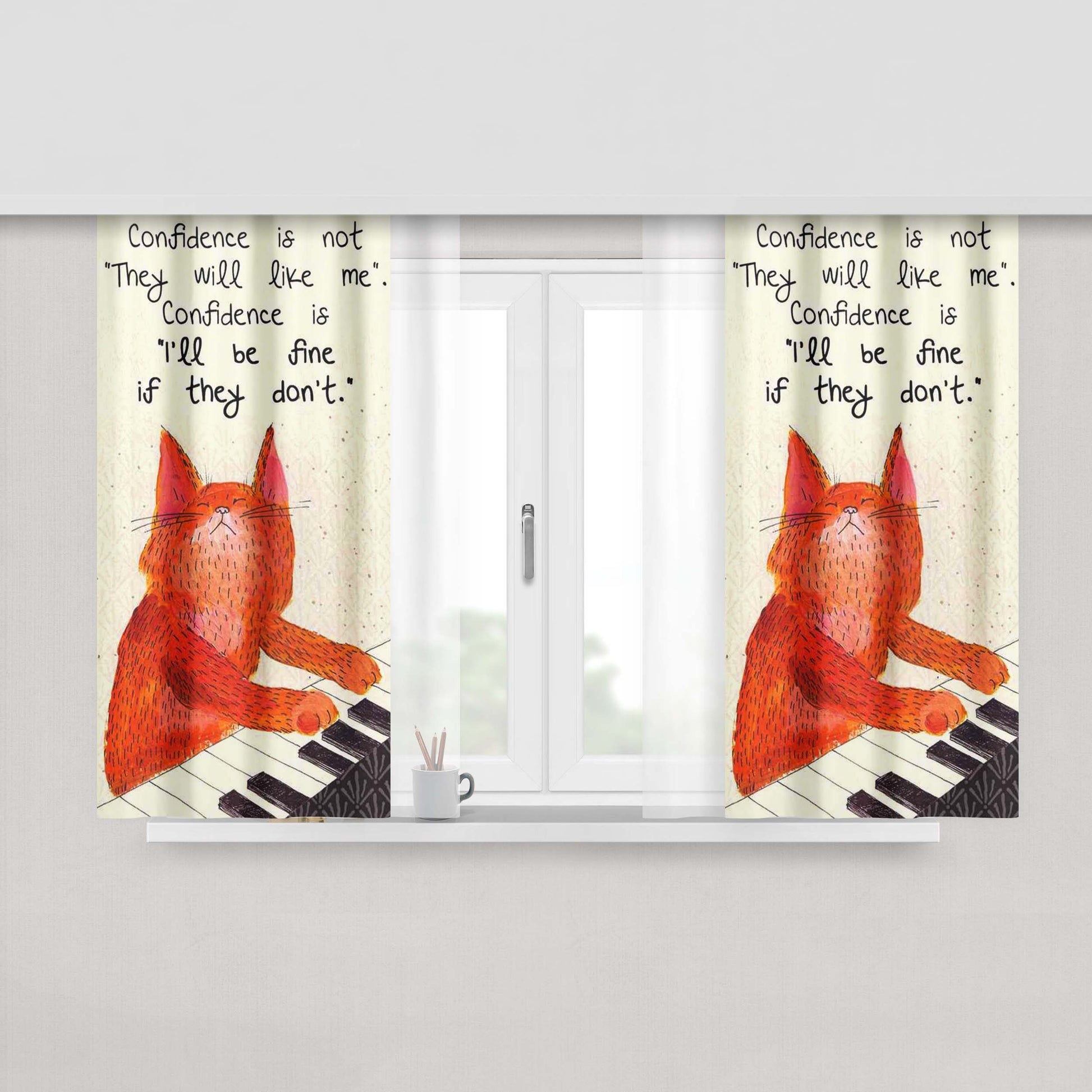 Cat Singing The Music Piano Peach Skin Window Curtains