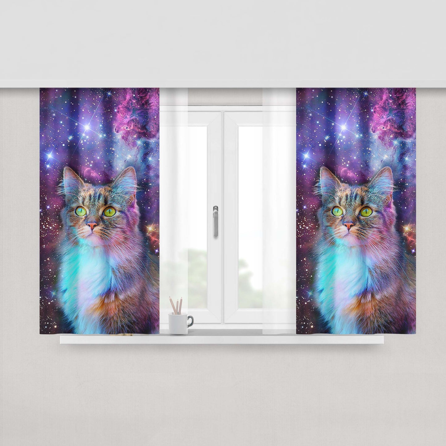 Cat Space Peach Skin Window Curtains