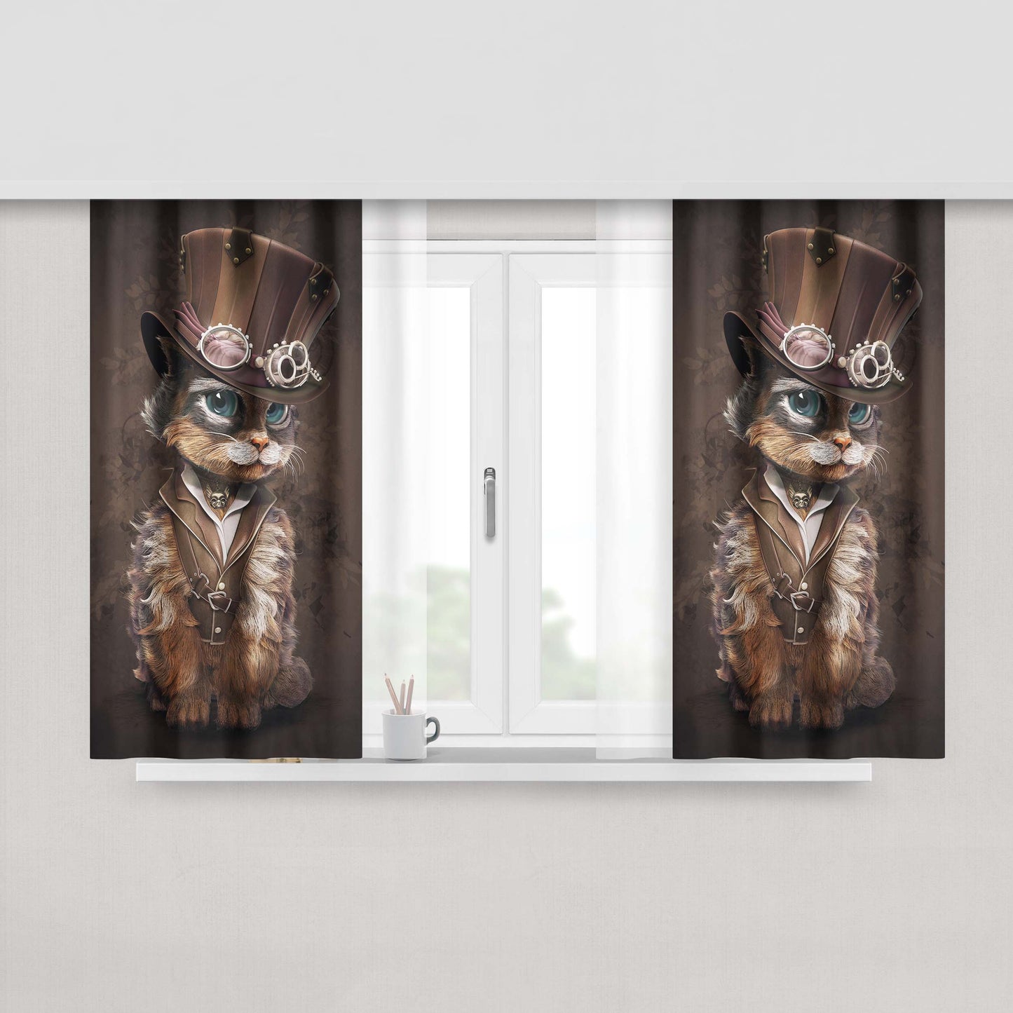 Cat Steampunk Art Peach Skin Window Curtains