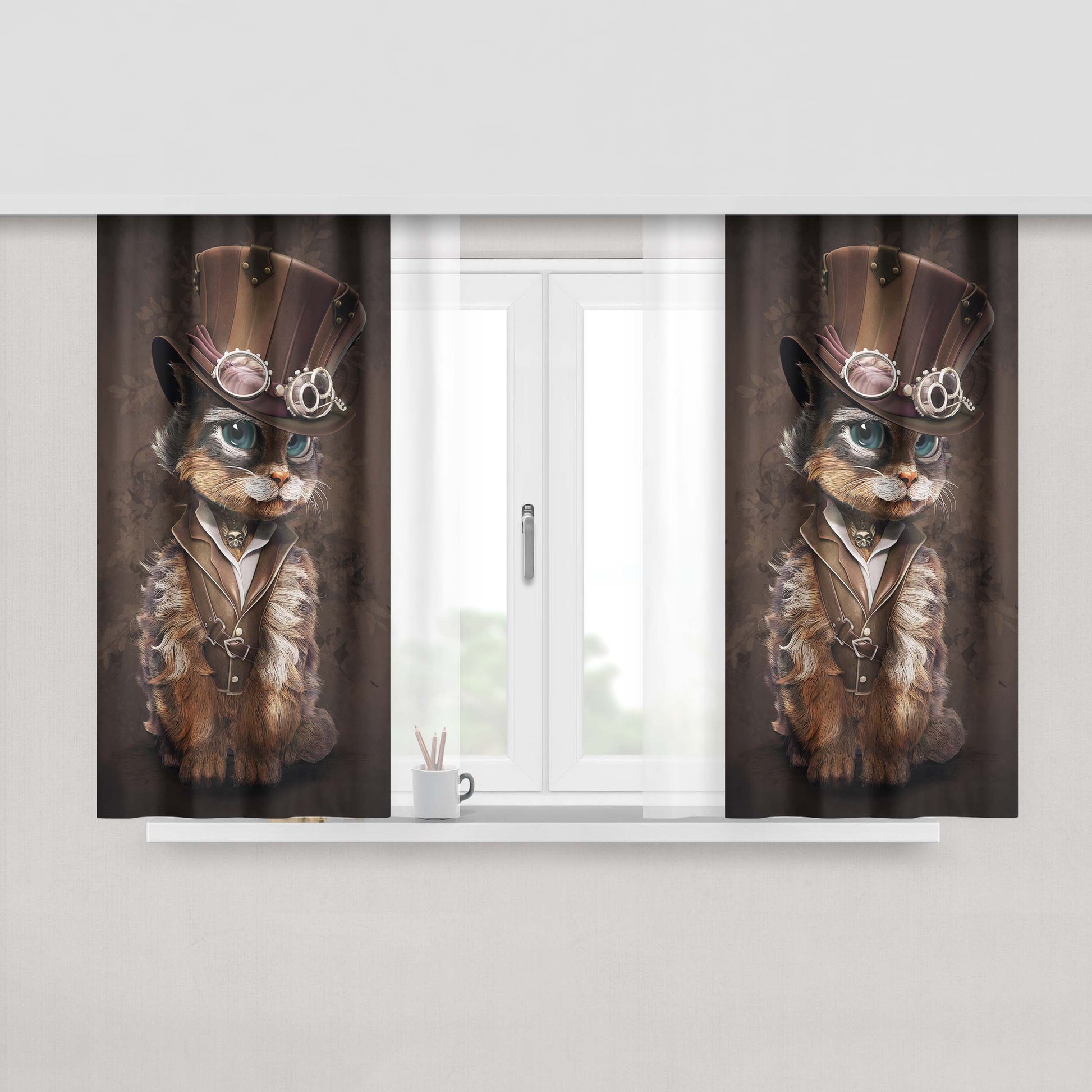 Cat Steampunk Art Peach Skin Window Curtains