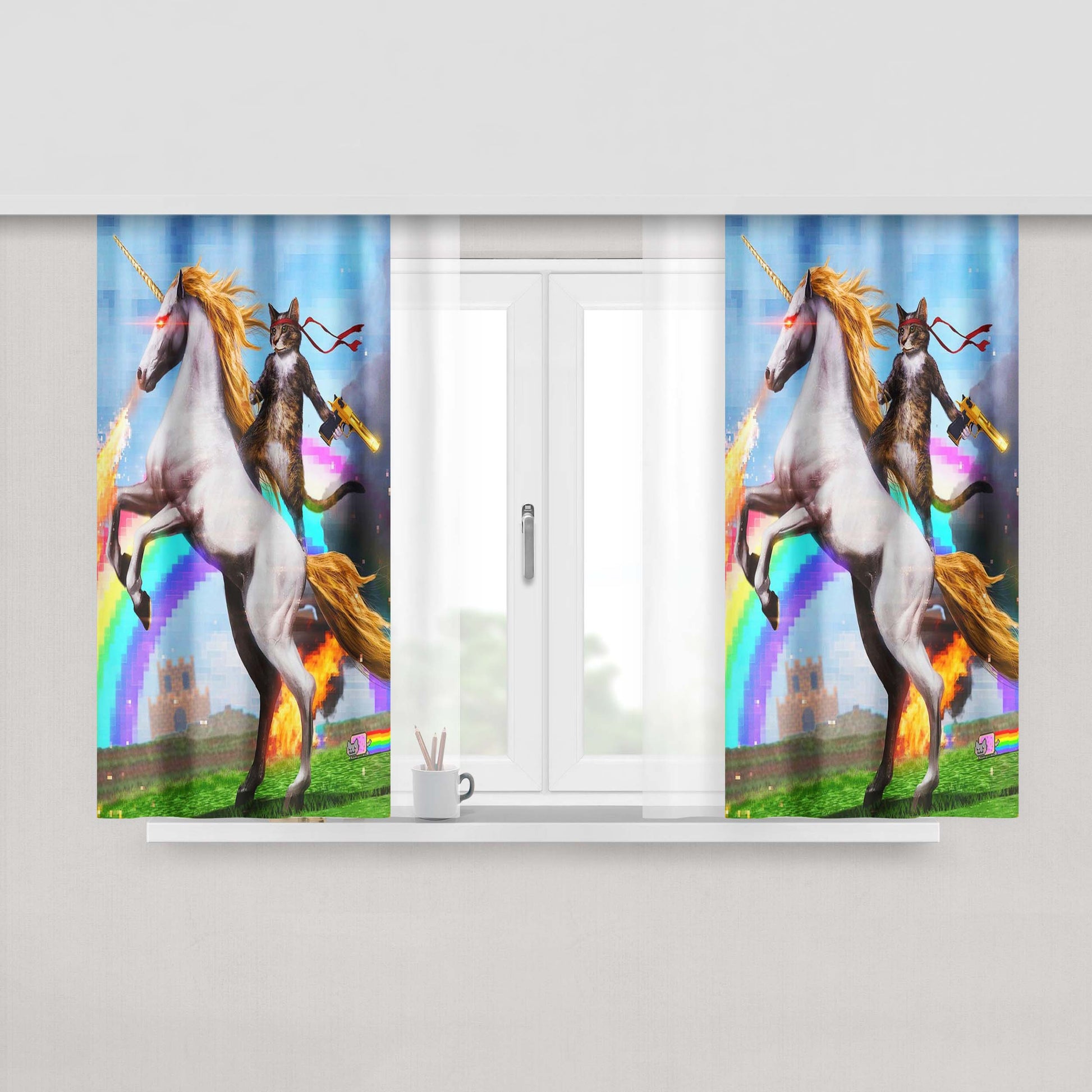 Cat Unicorn Pixel Rainbow Peach Skin Window Curtains