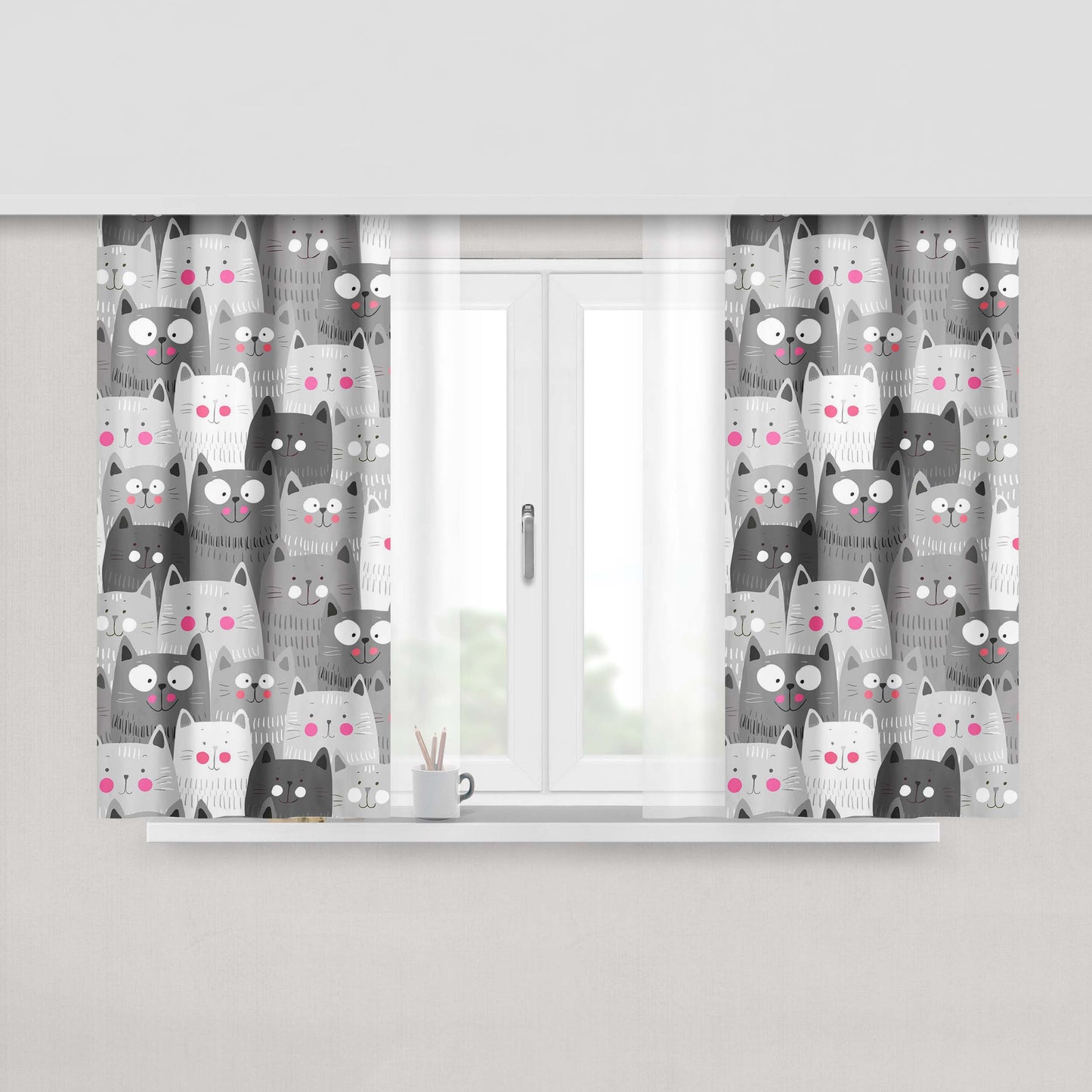 Cats Illustration Peach Skin Window Curtains