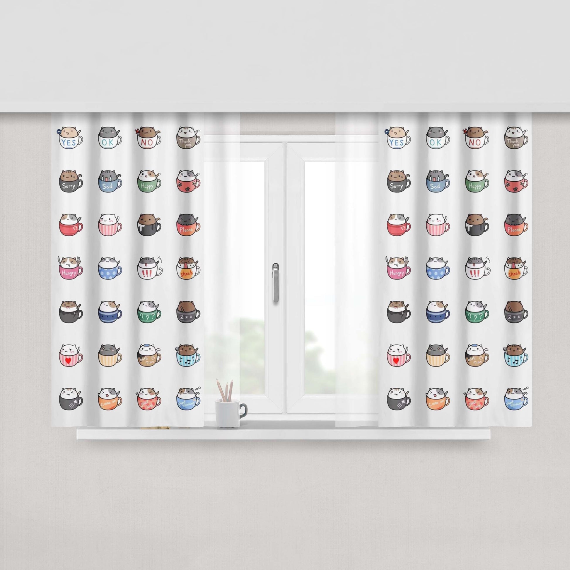 Cats In Cups Drawing Peach Skin Window Curtains