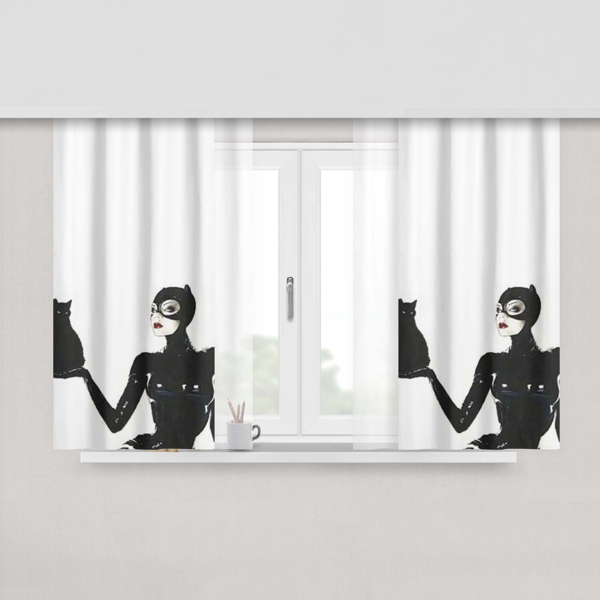 Catwoman Holding Cat Peach Skin Window Curtains