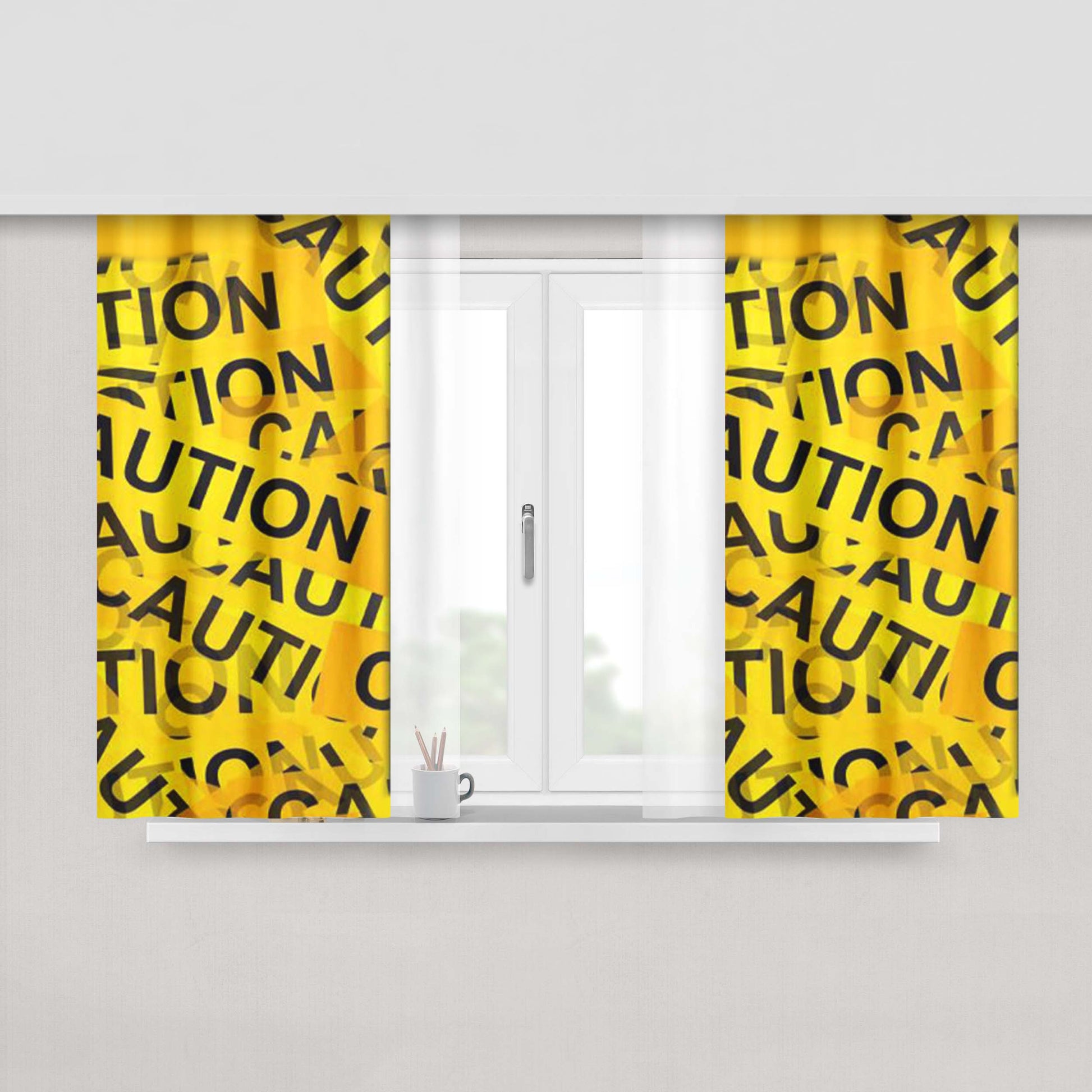 Caution Street Sign Peach Skin Window Curtains