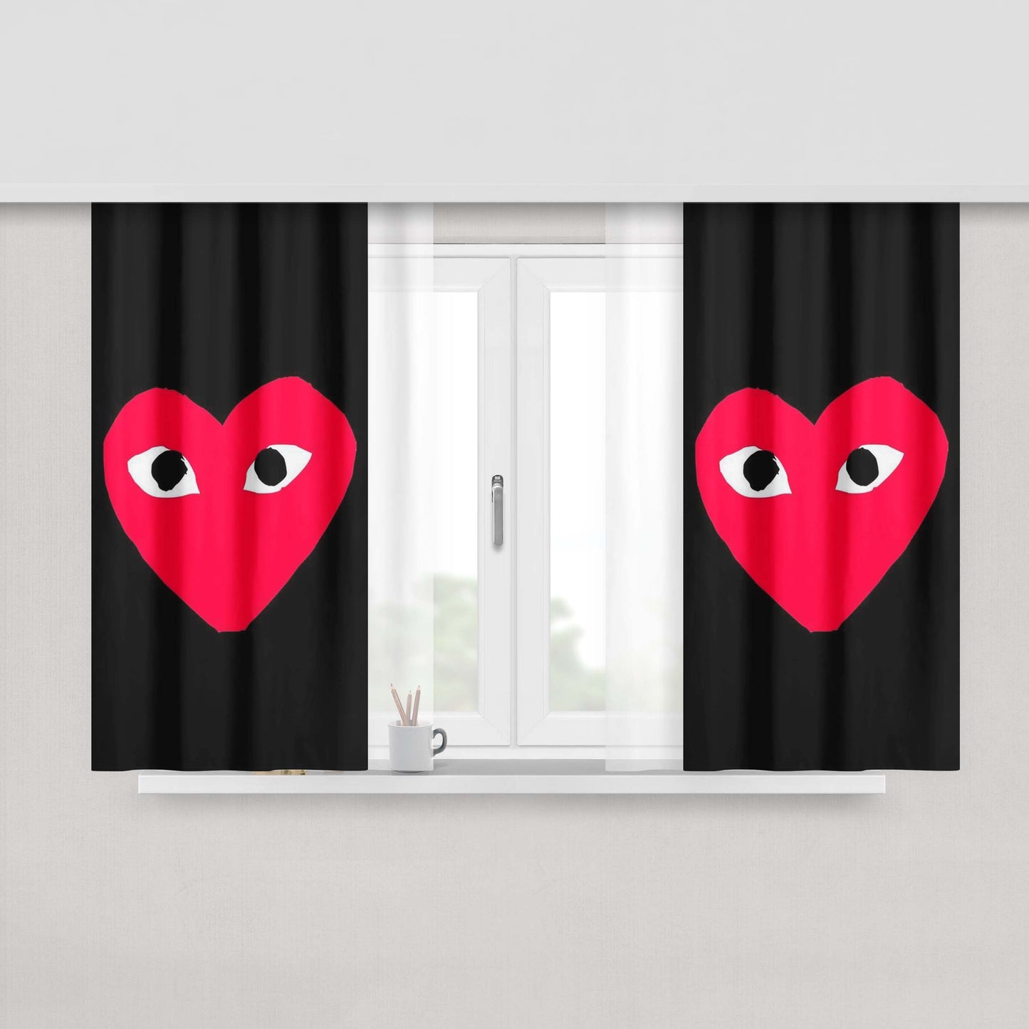 Cdg Love Heart On Black Peach Skin Window Curtains