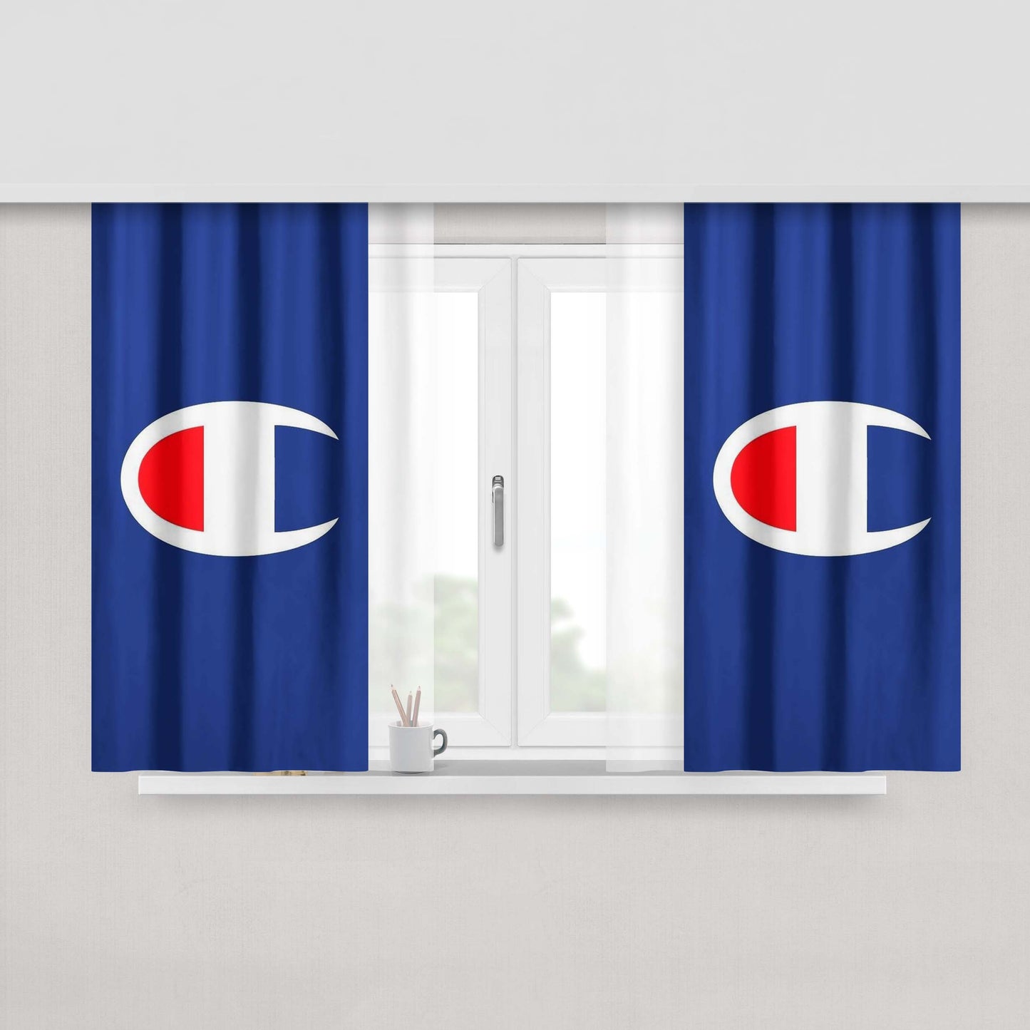 Champion In Blue Big Logo Peach Skin Window Curtains
