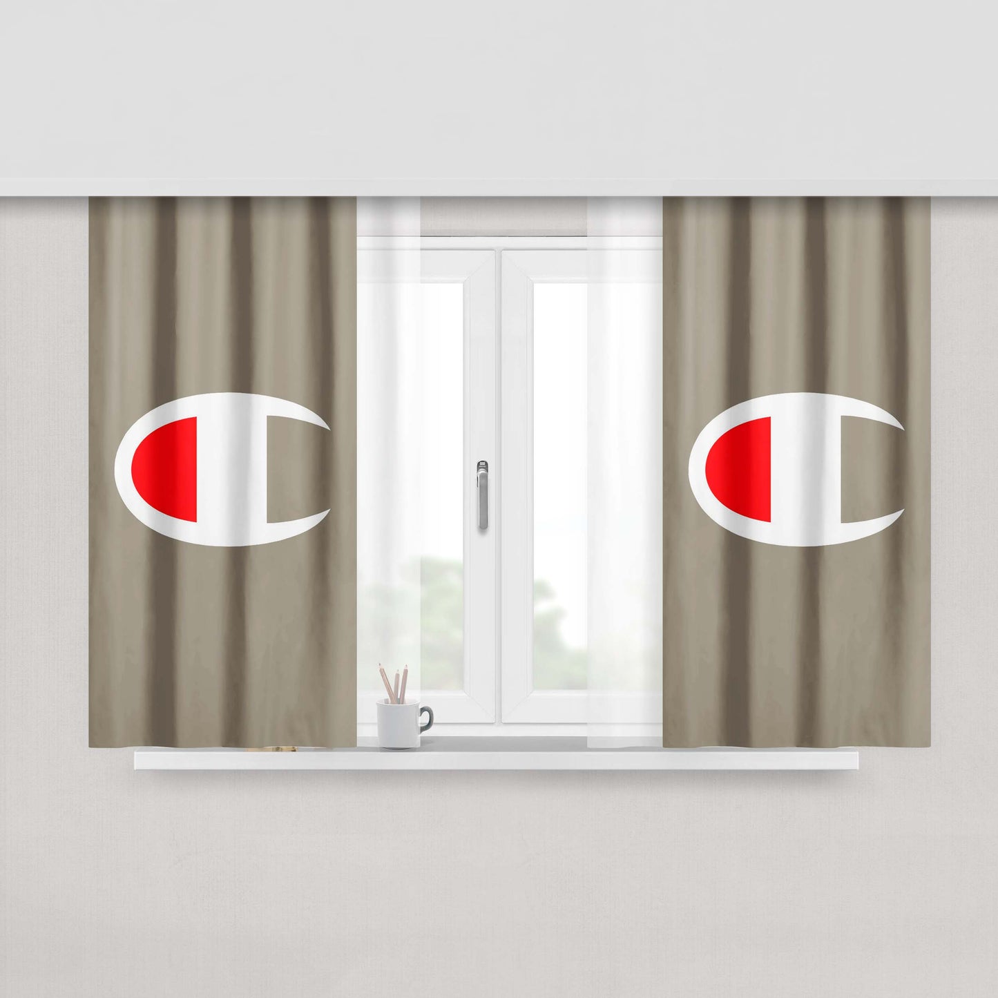 Champion Logo Gray Peach Skin Window Curtains