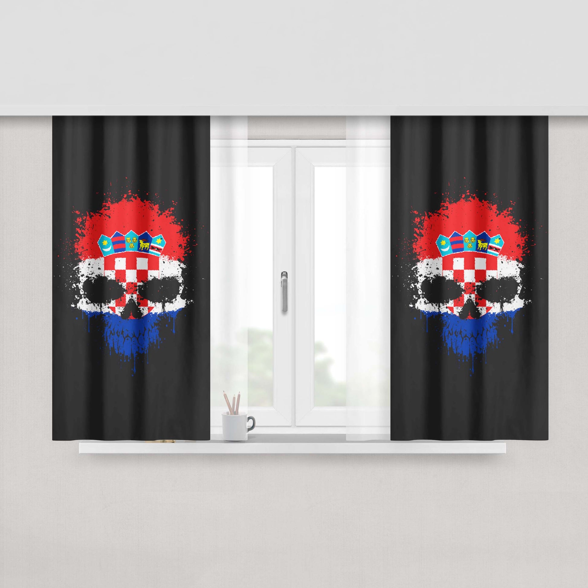 Chaotic Croatian Flag Splatter Skull Peach Skin Window Curtains