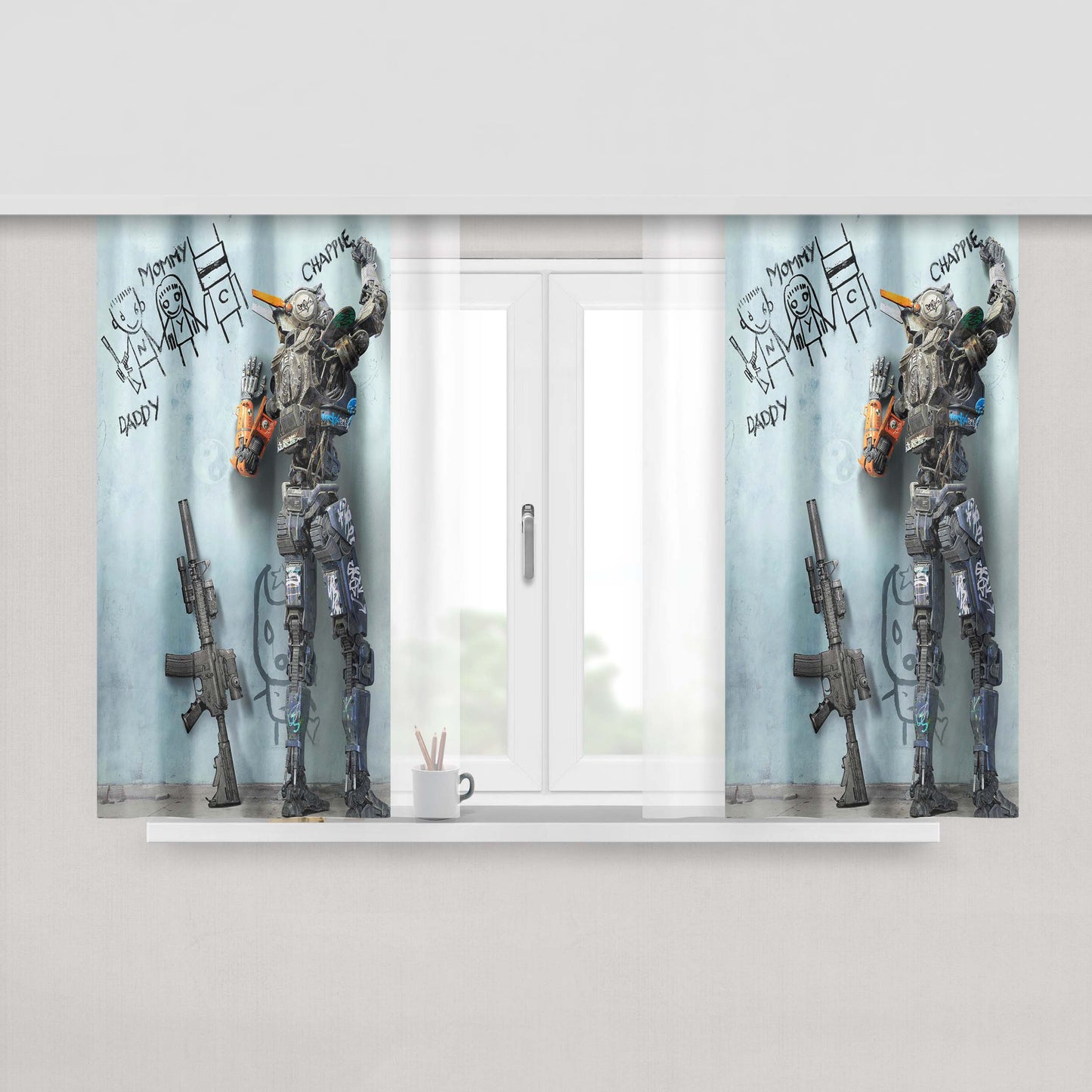Chappie Making His Own Graffiti Peach Skin Window Curtains