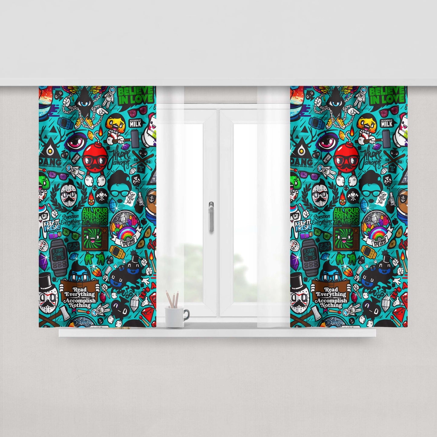 Characters Icons Collage Peach Skin Window Curtains