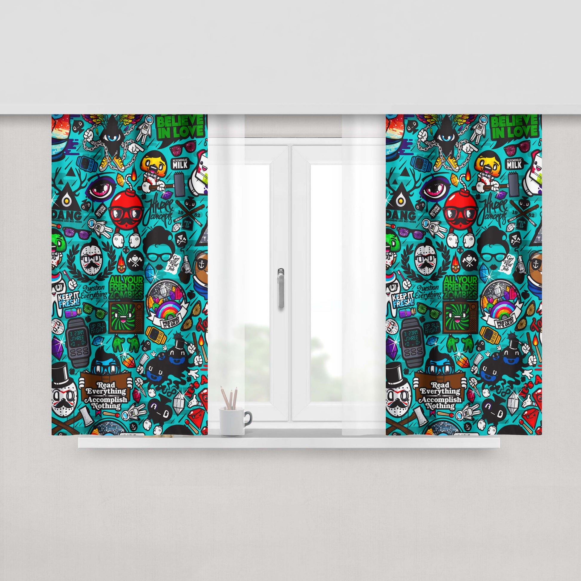 Characters Icons Collage Peach Skin Window Curtains
