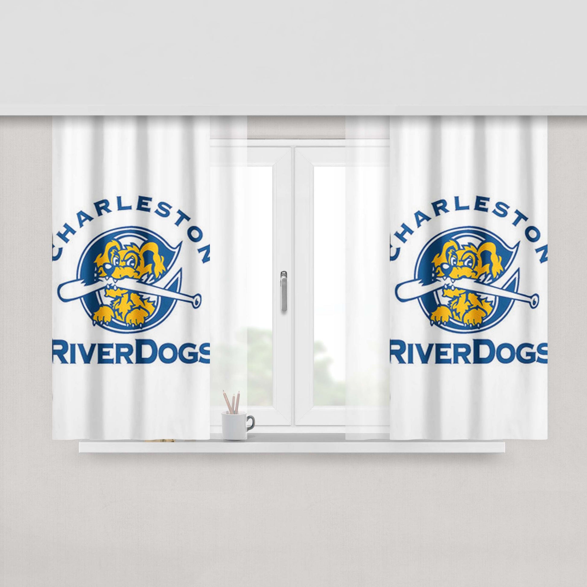 Charleston River Dogs Baseball Logo White Peach Skin Window Curtains