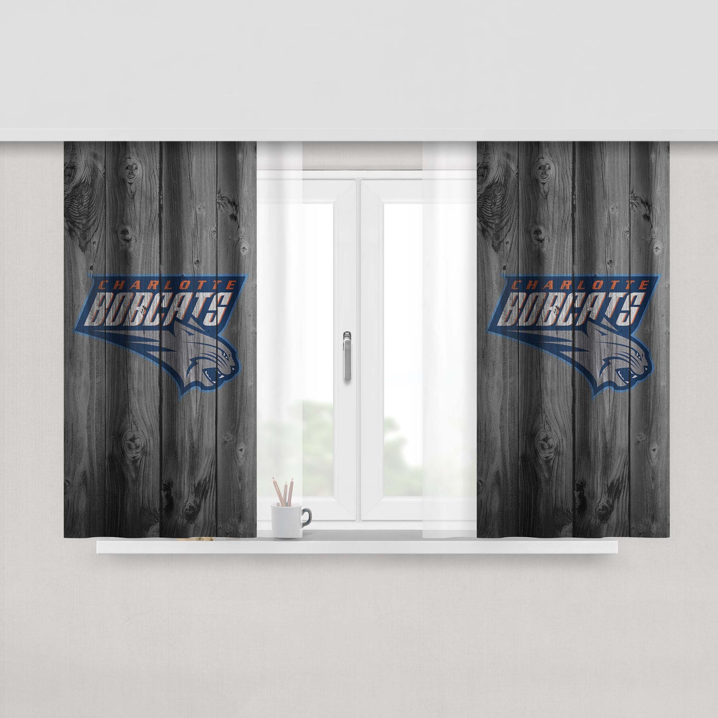 Charlotte Bobcats Hornets Nba Logo Dark Wood Wallpaper Peach Skin Window Curtains