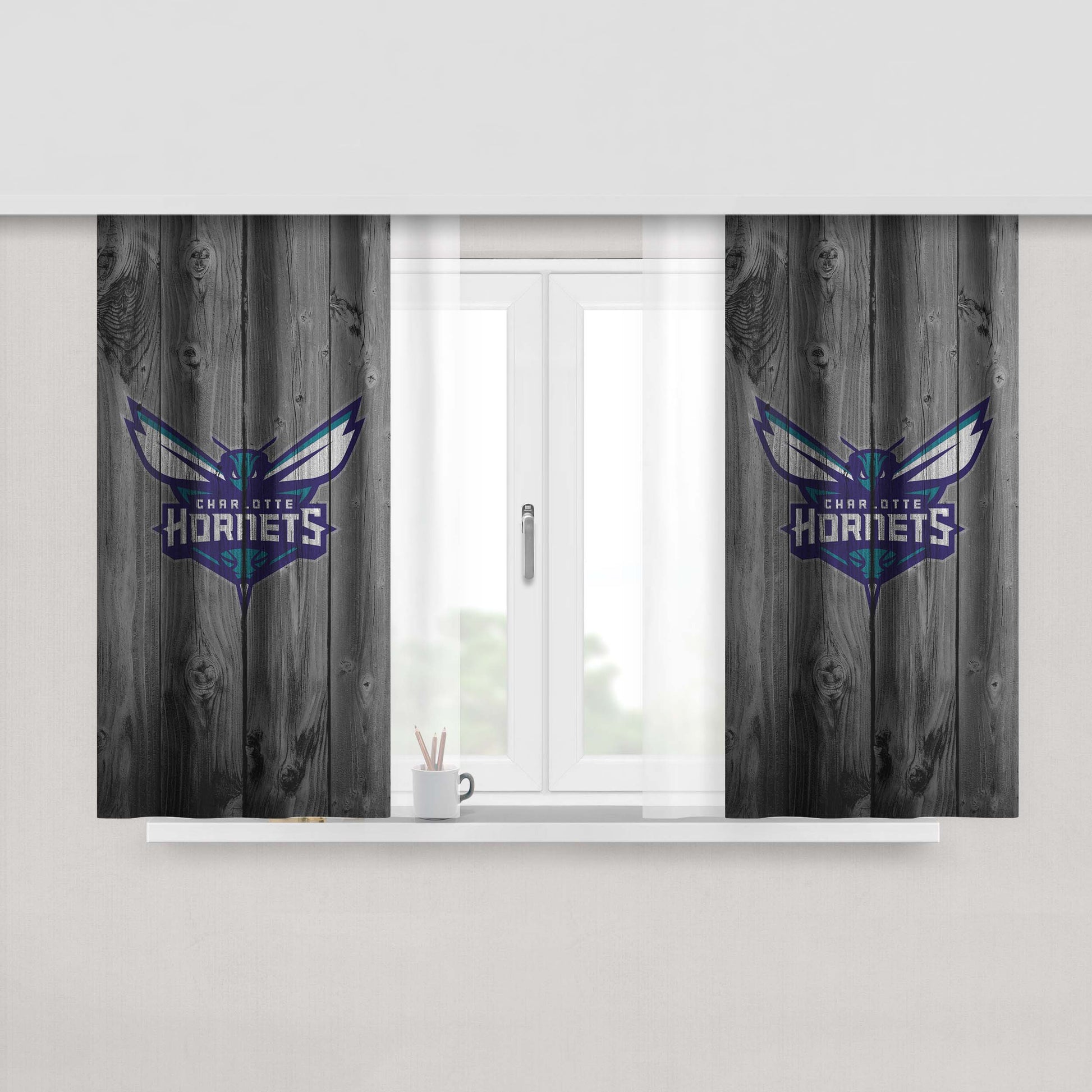 Charlotte Hornets Nba Logo Dark Wood Wallpaper Peach Skin Window Curtains