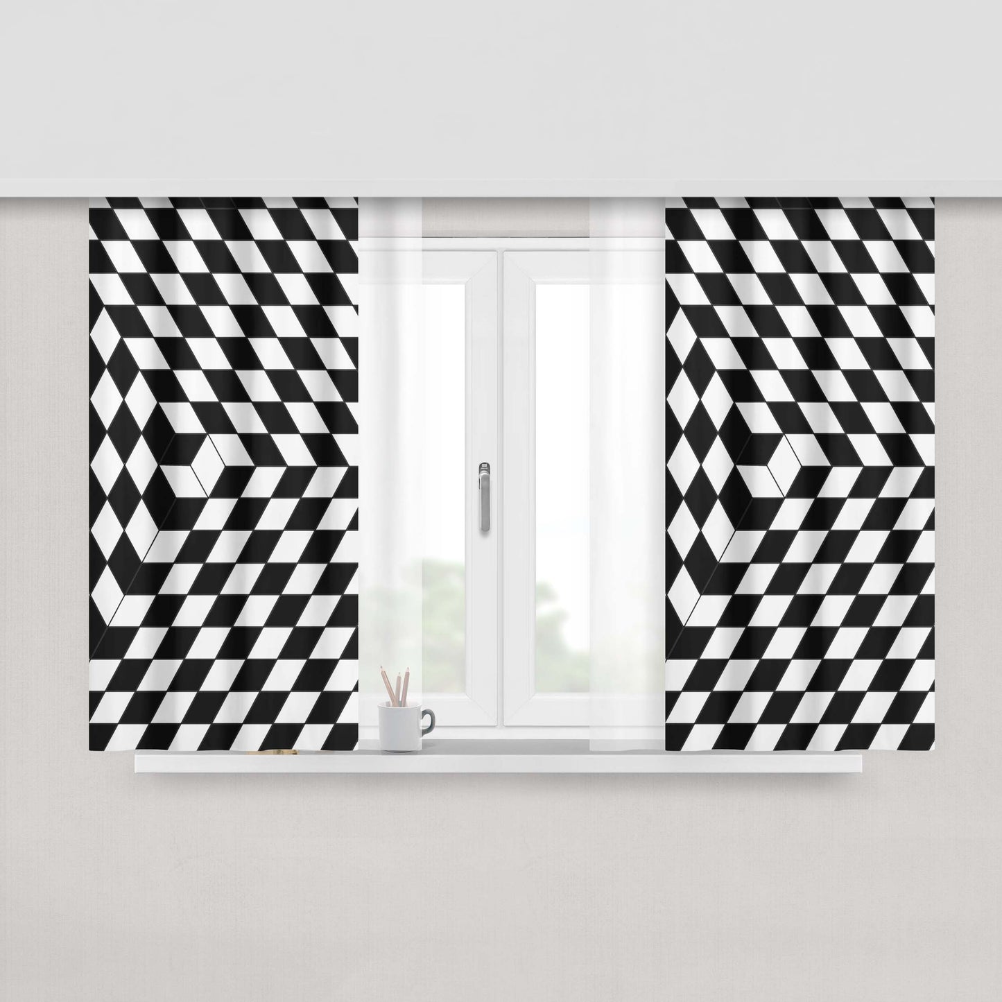 Checkerboard Optical Ilusion Peach Skin Window Curtains