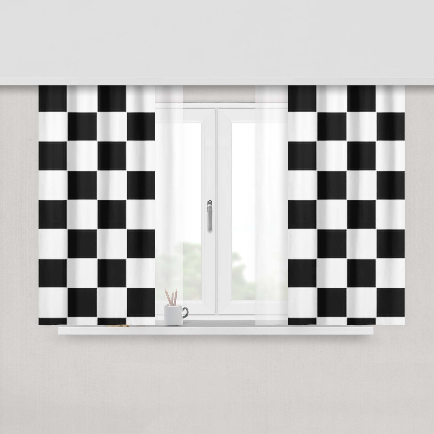 Checkered Black And White Peach Skin Window Curtains
