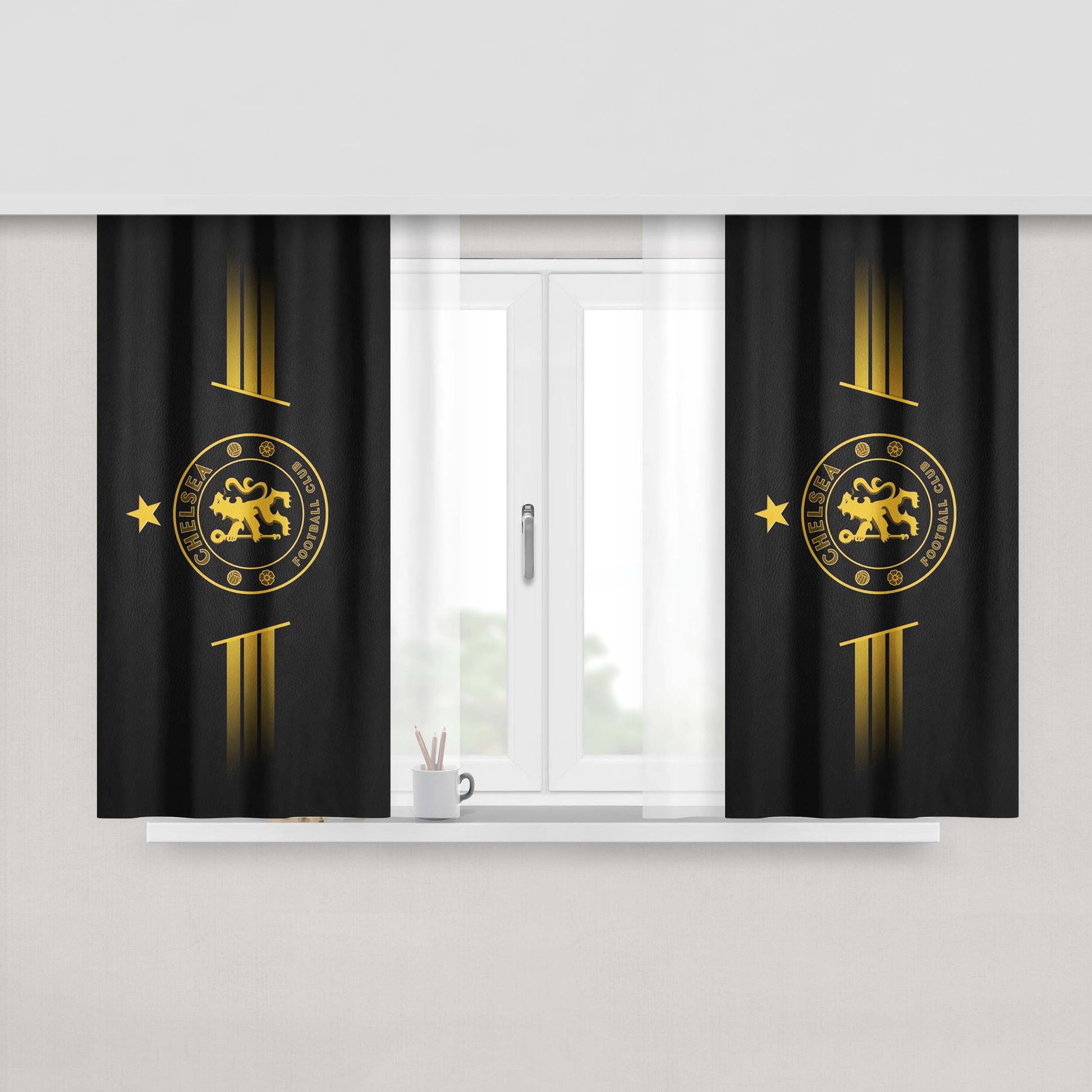 Chelsea Football Gold Leather Logo 2 Peach Skin Window Curtains