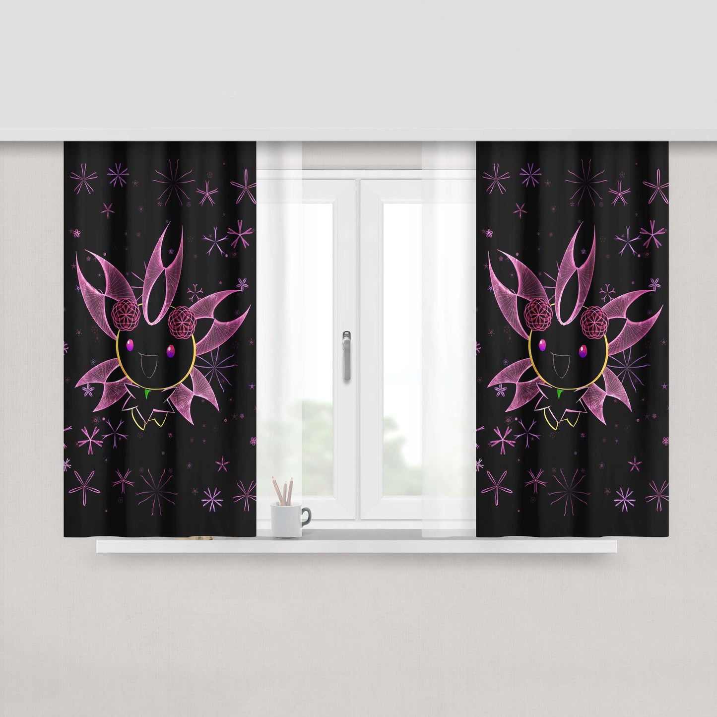 Cherrim Pokemon Line Art On Black Peach Skin Window Curtains