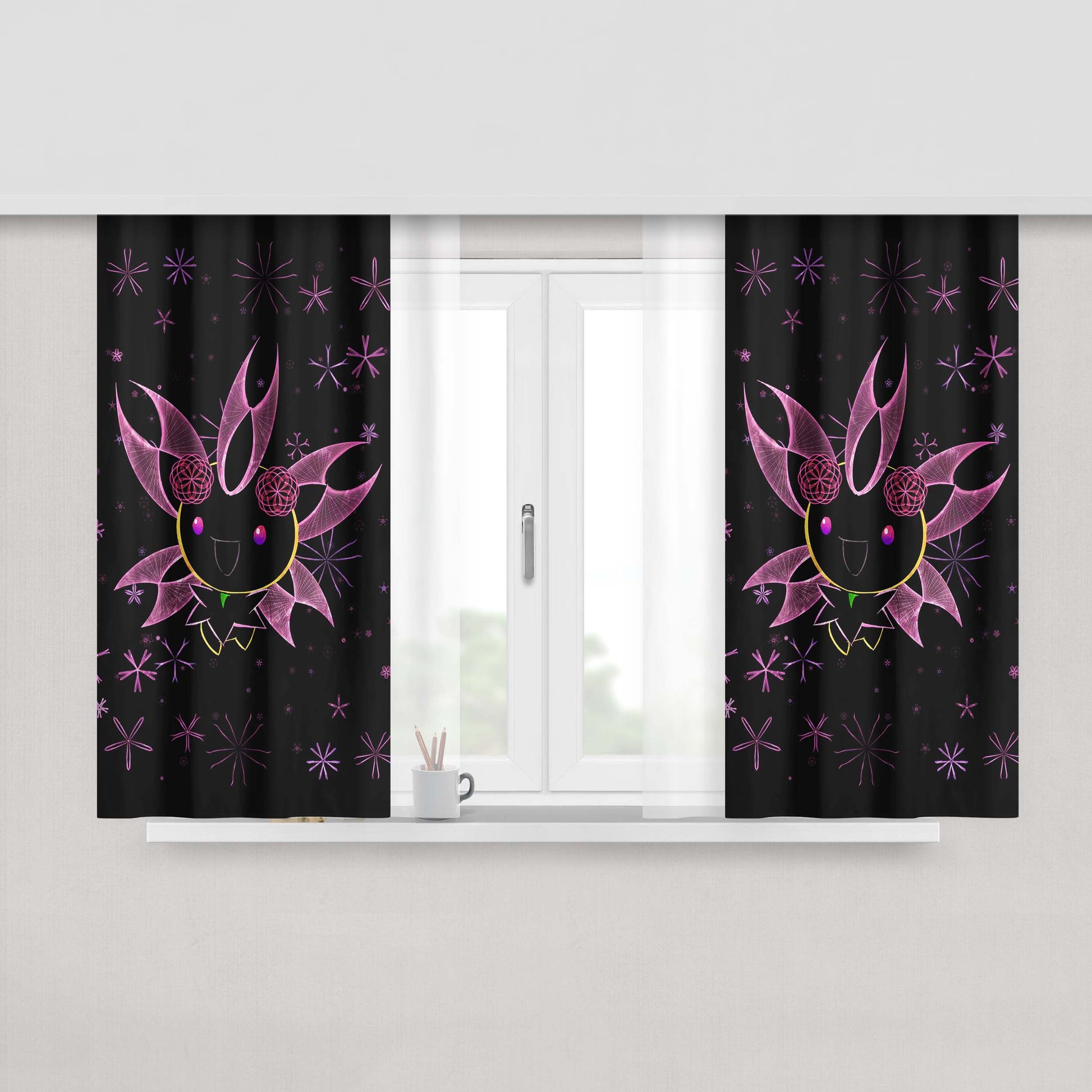 Cherrim Pokemon Line Art On Black Peach Skin Window Curtains