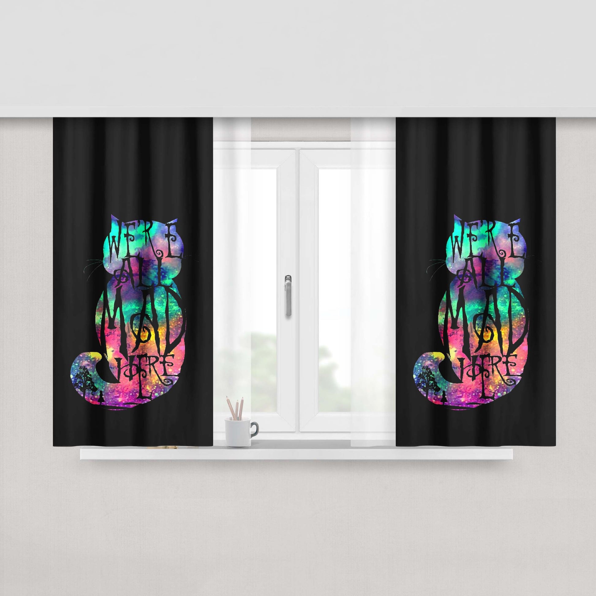 Chesire Cat Were All Mad Here Rainbow Peach Skin Window Curtains