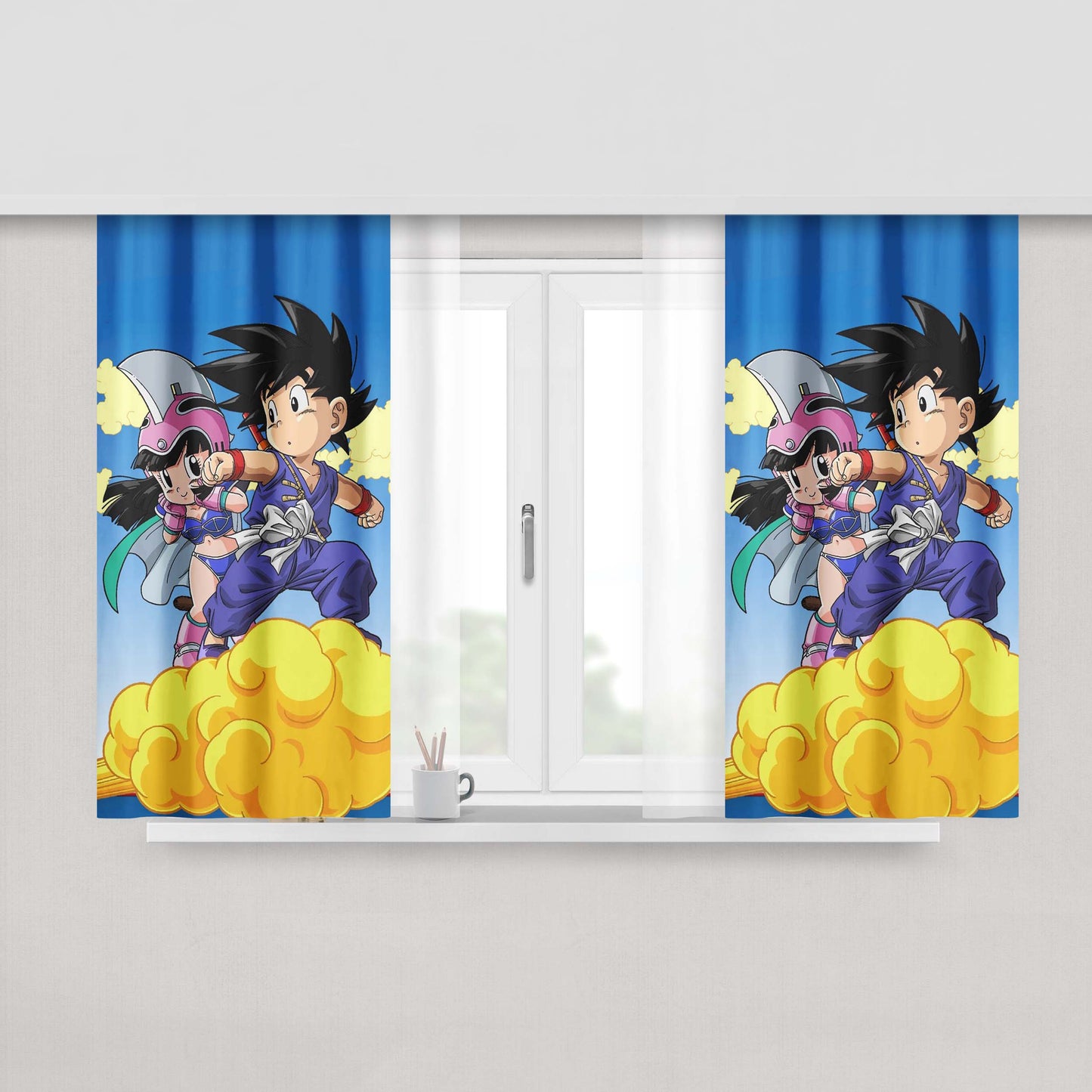 Chi Chi And Kid Goku On Nimbus Peach Skin Window Curtains
