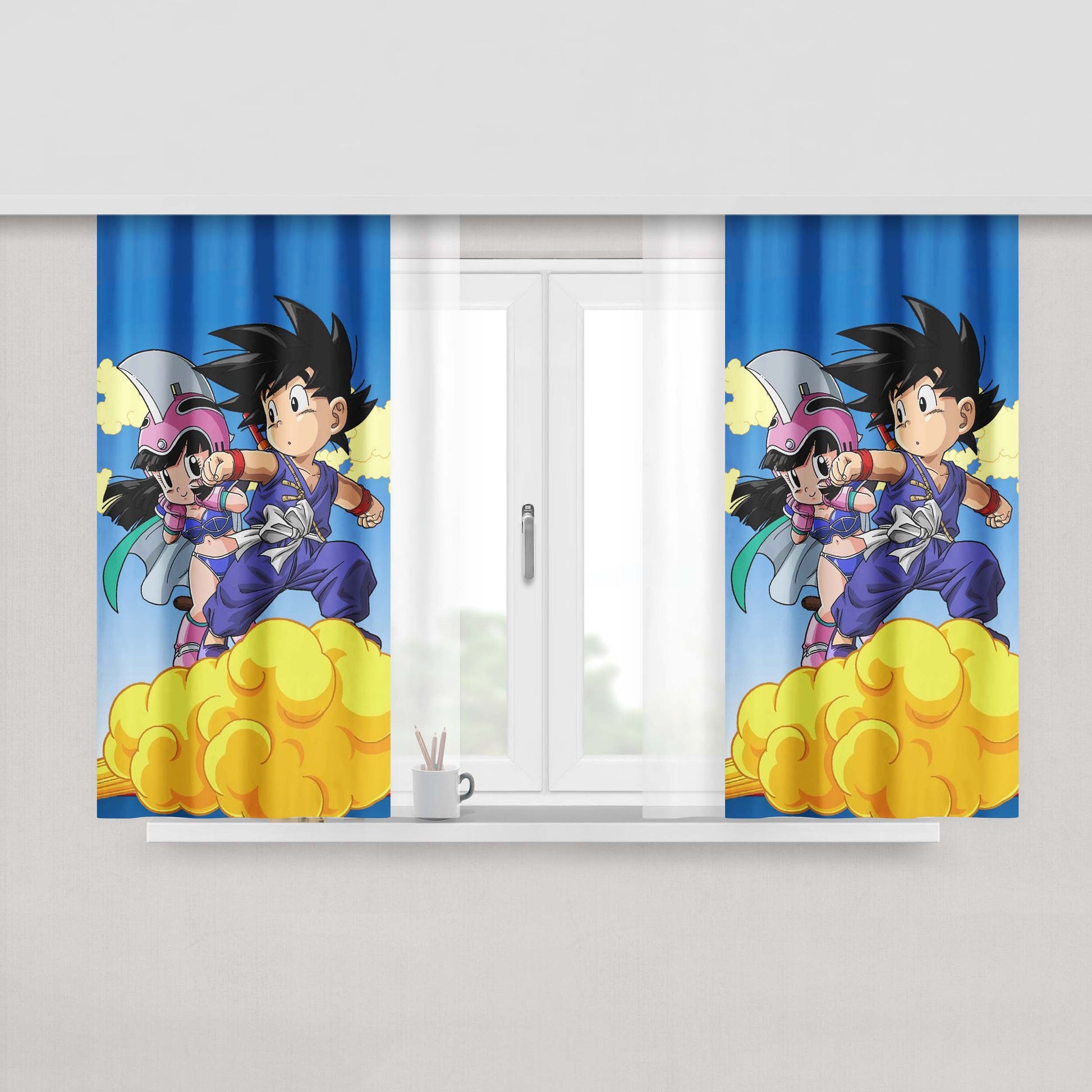 Chi Chi And Kid Goku On Nimbus Peach Skin Window Curtains