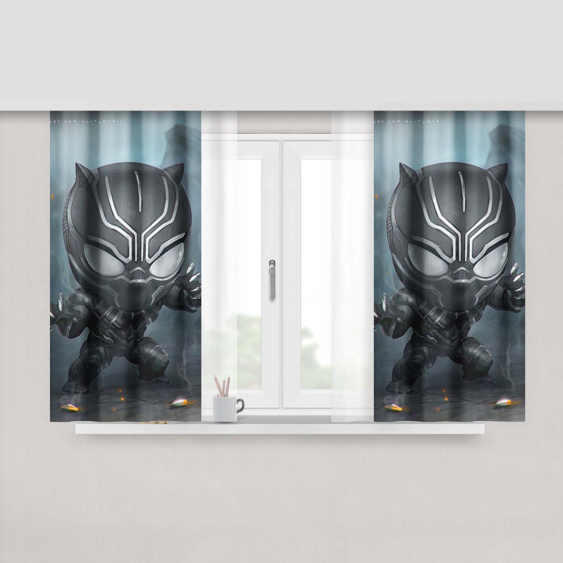 Chibi Fancy Black Panther Peach Skin Window Curtains