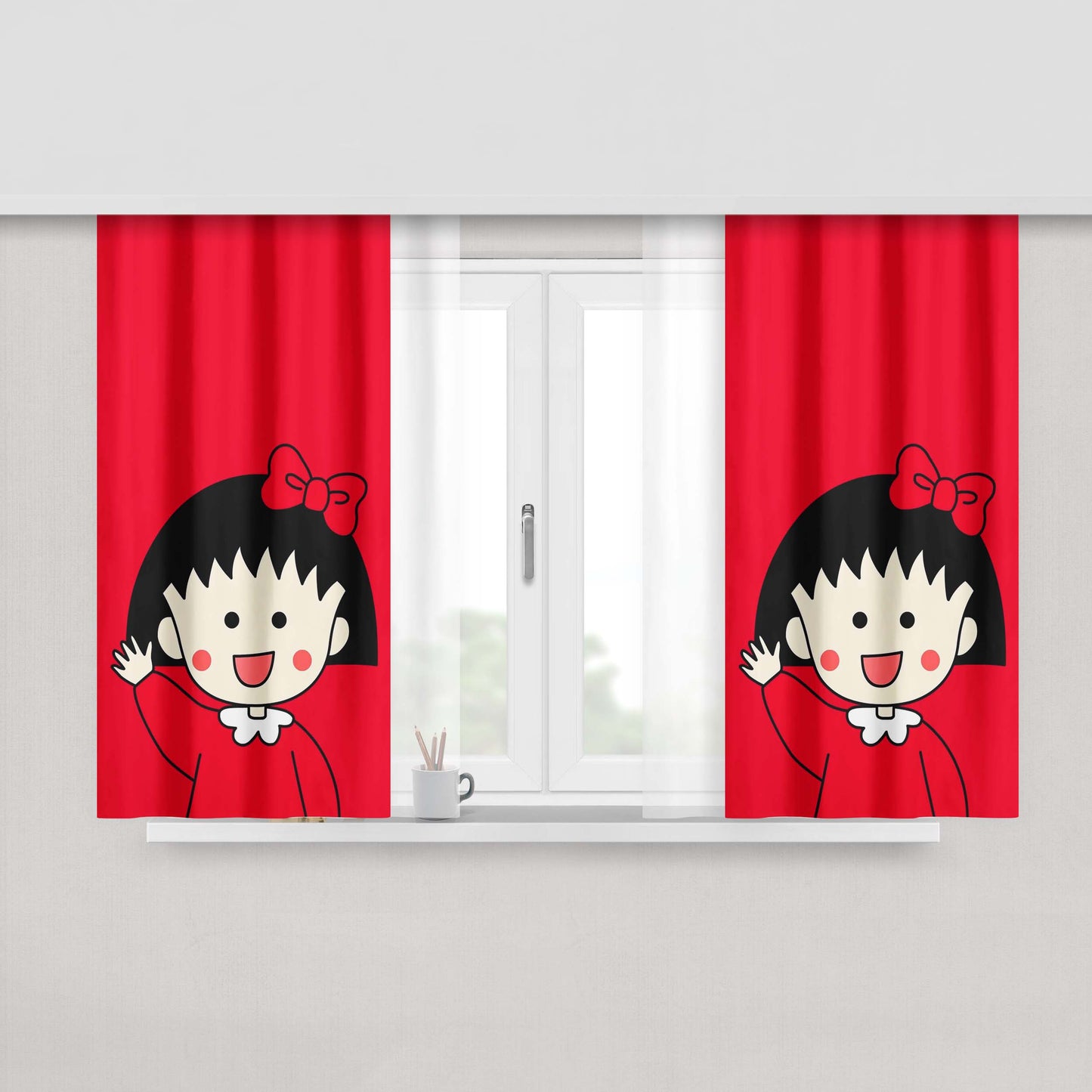 Chibi Maruko Chan Red Peach Skin Window Curtains