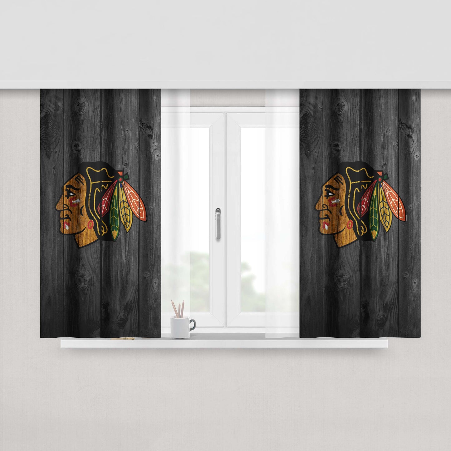 Chicago Blackhawks Nhl Logo Dark Wood Wallpaper Peach Skin Window Curtains