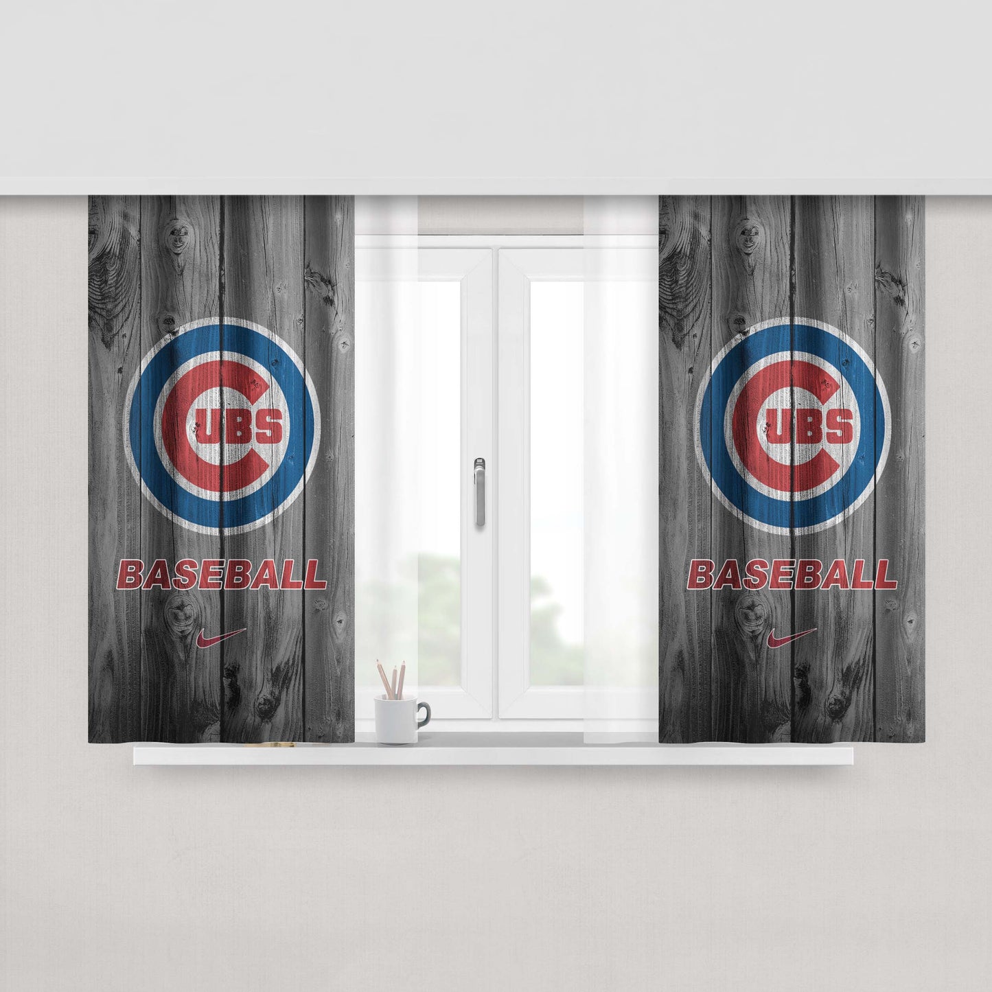Chicago Cubs Baseball Logo Dark Wood Wallpaper Peach Skin Window Curtains