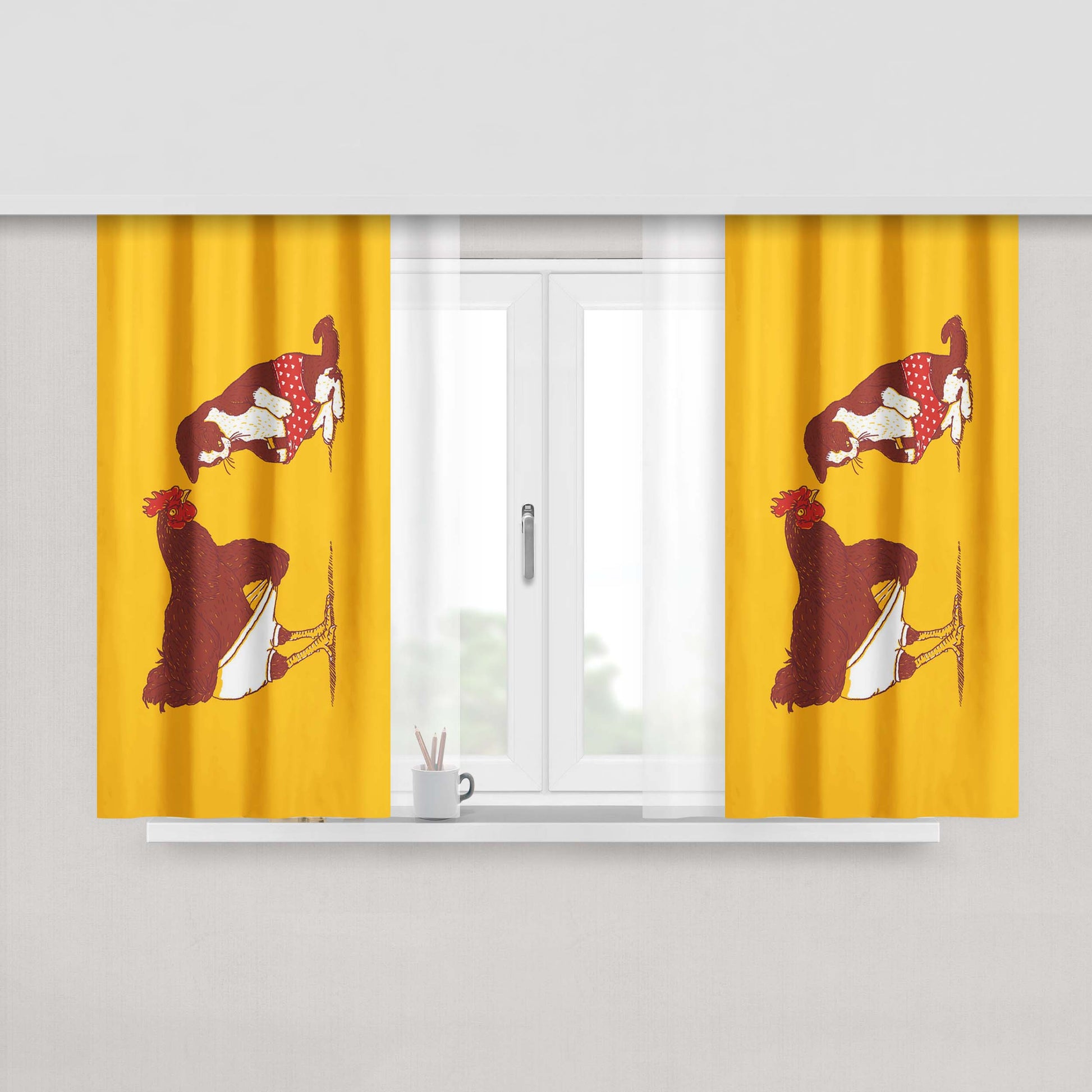 Chicken And Cat Peach Skin Window Curtains
