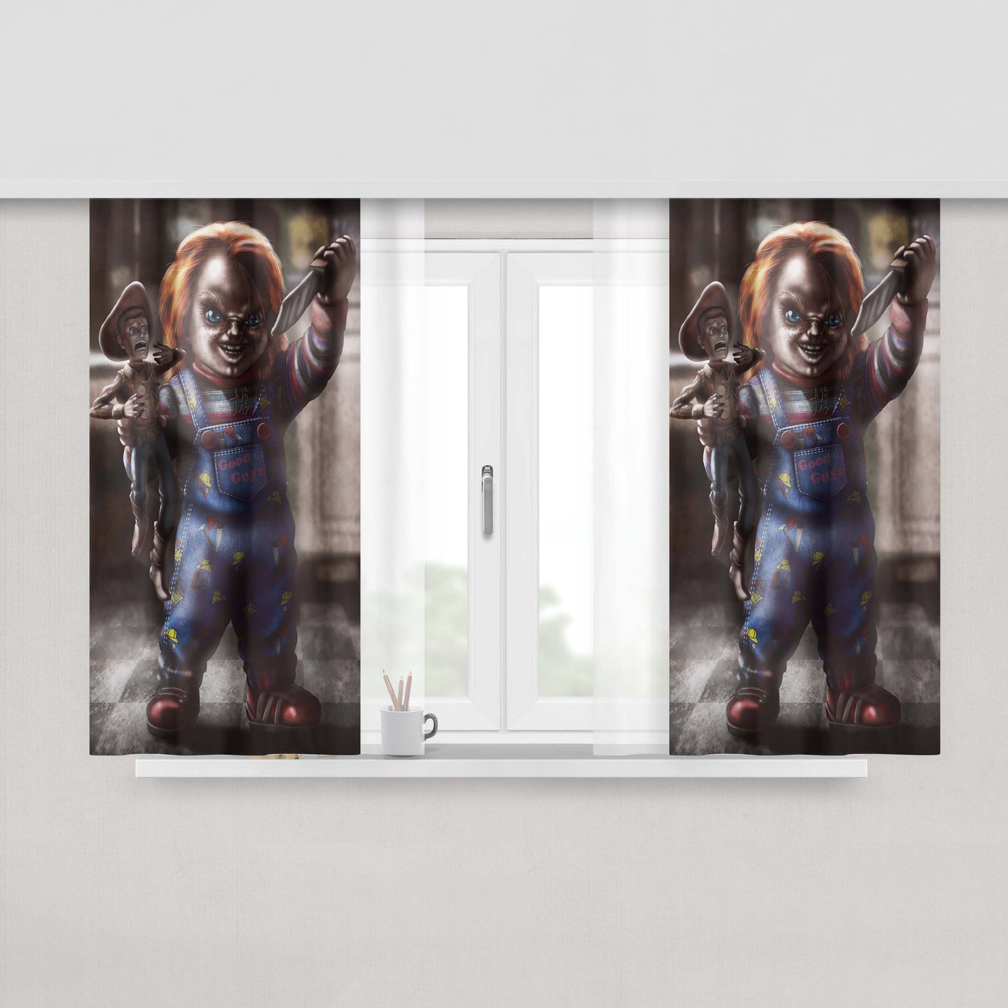 Childs Play Skull Sugar Face Chucky Art Wallpaper Peach Skin Window Curtains