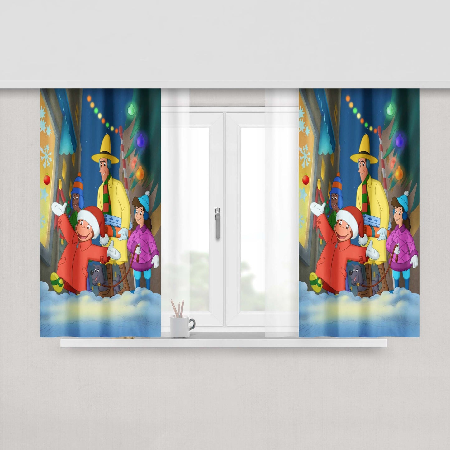 Christmas Curious George And Friends Peach Skin Window Curtains