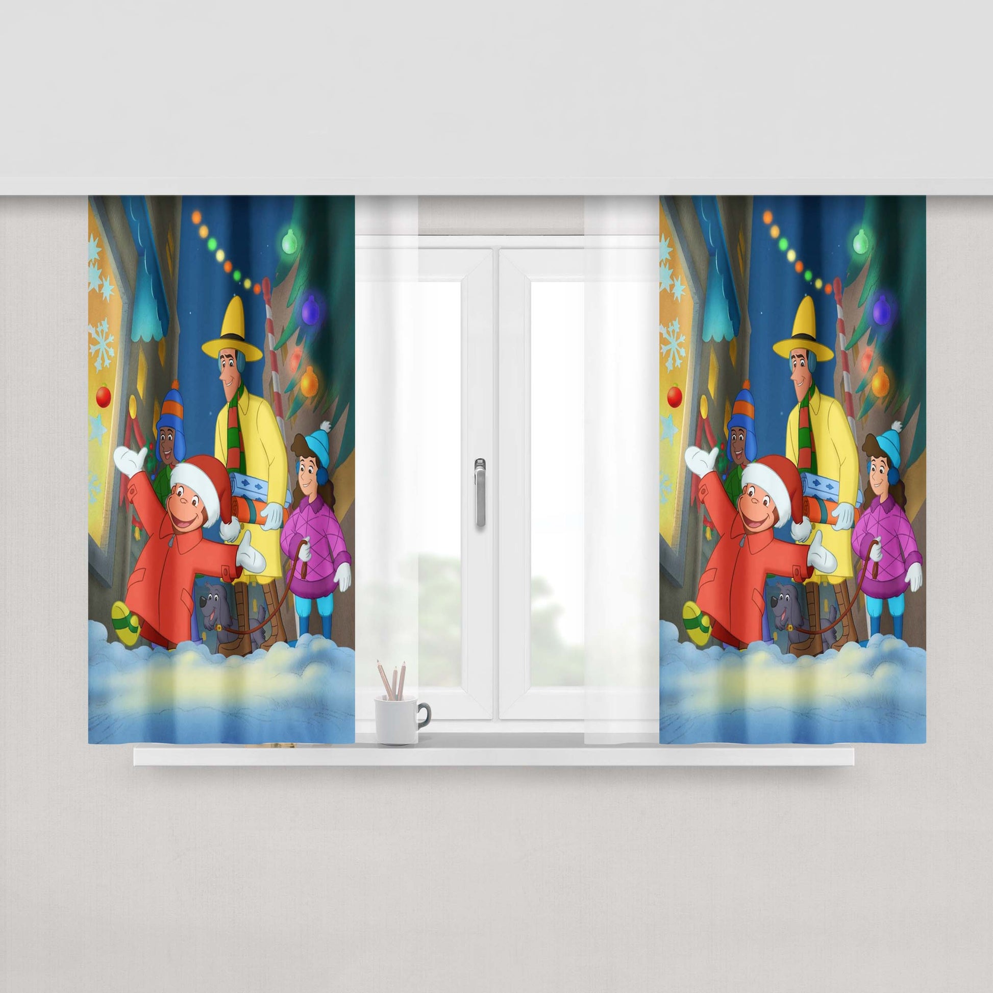 Christmas Curious George And Friends Peach Skin Window Curtains