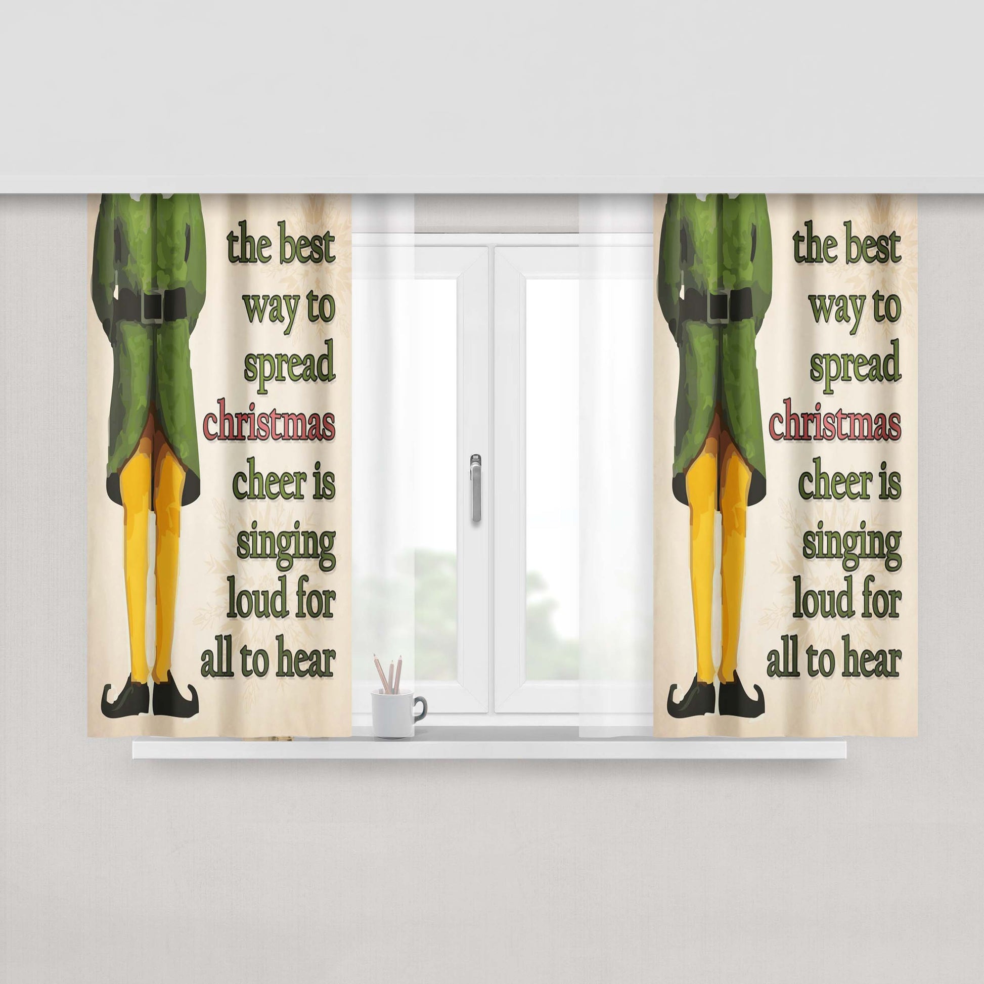 Christmas Elf Quote Peach Skin Window Curtains
