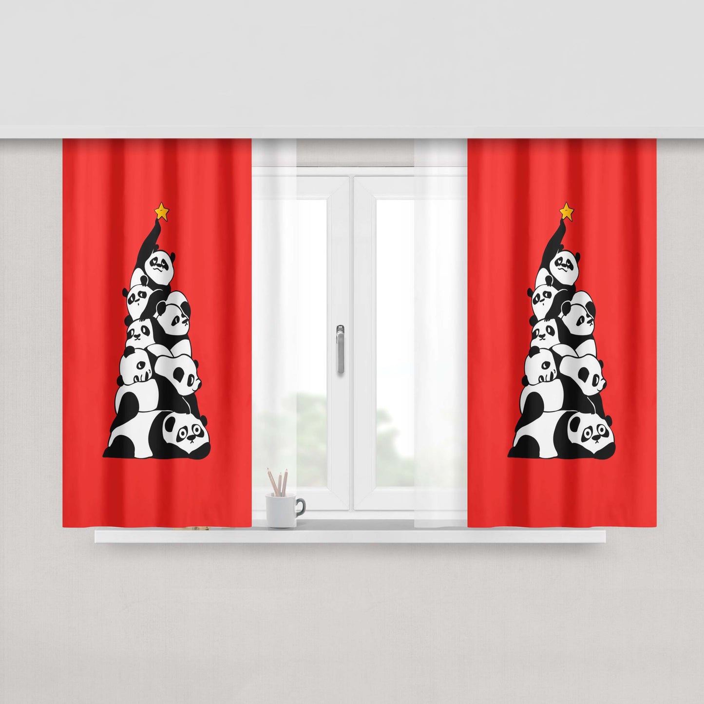 Christmas Tree Pandas Red Peach Skin Window Curtains