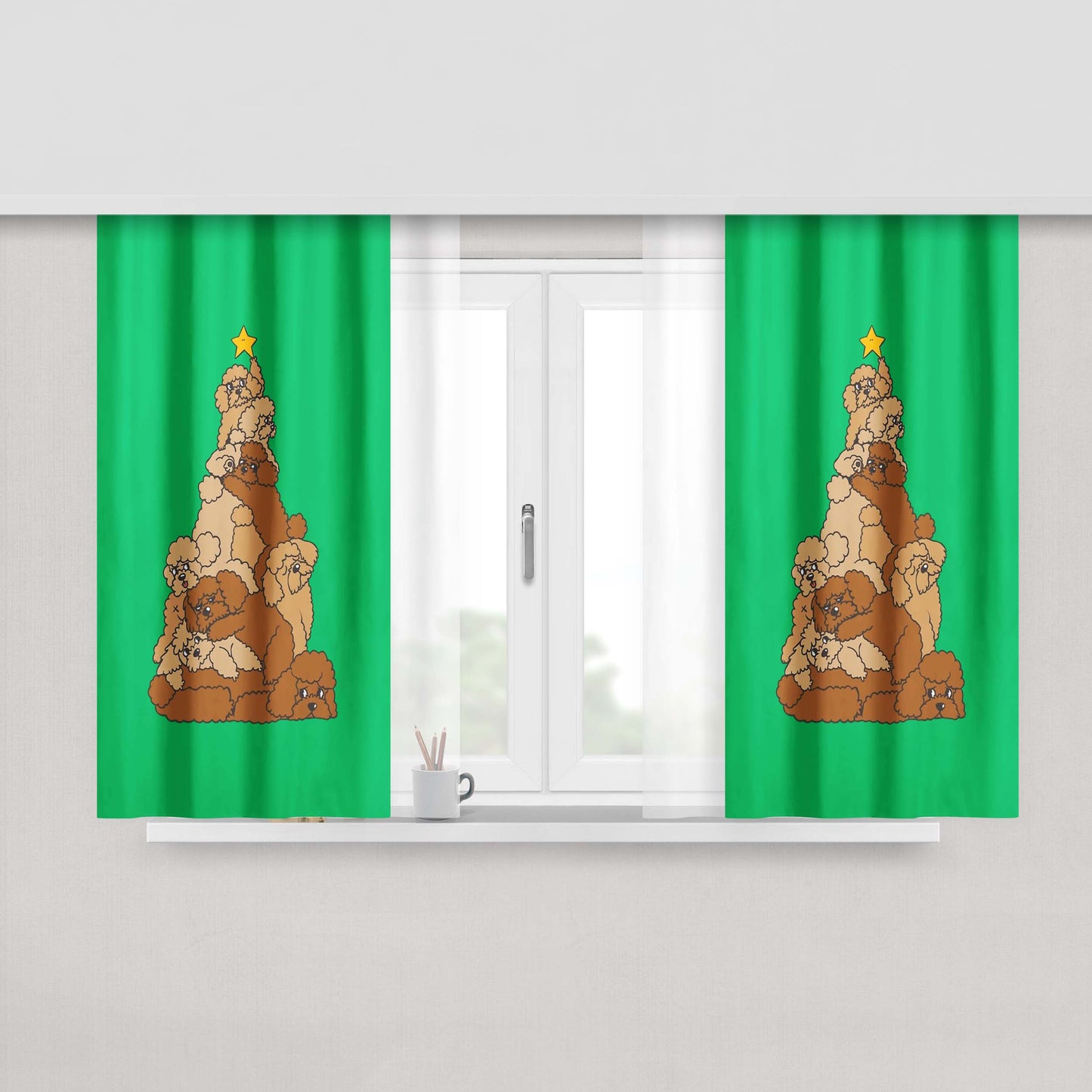 Christmas Tree Poodle Dog Green Peach Skin Window Curtains