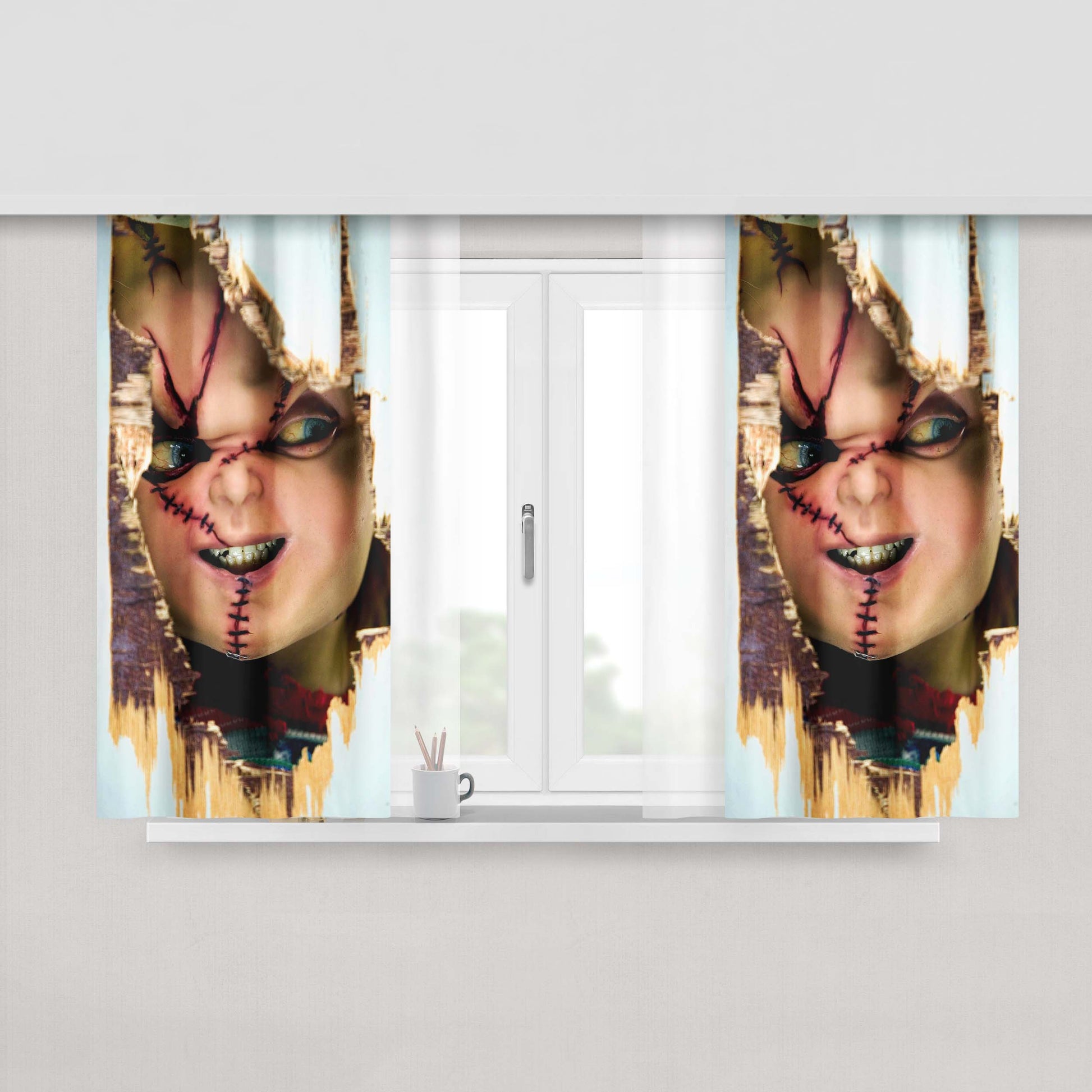 Chucky Photo Shoot On Wood Peach Skin Window Curtains