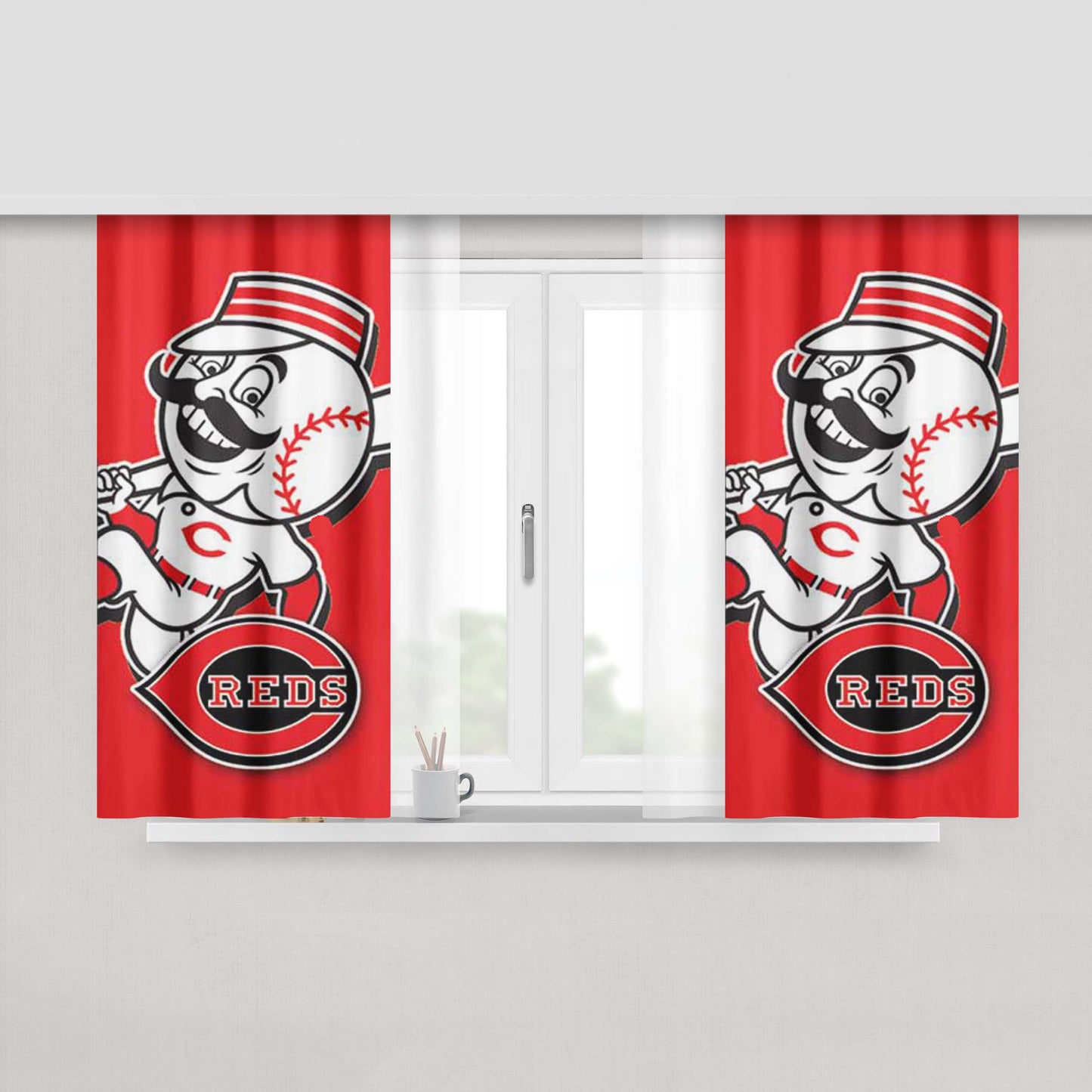 Cincinnati Reds Mustache Guy Red Peach Skin Window Curtains