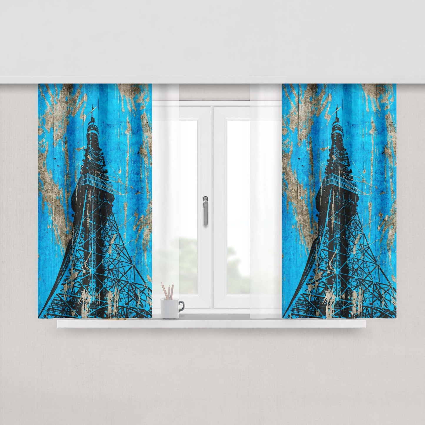 Classic Blue Wood Eiffel Tower Paris Peach Skin Window Curtains