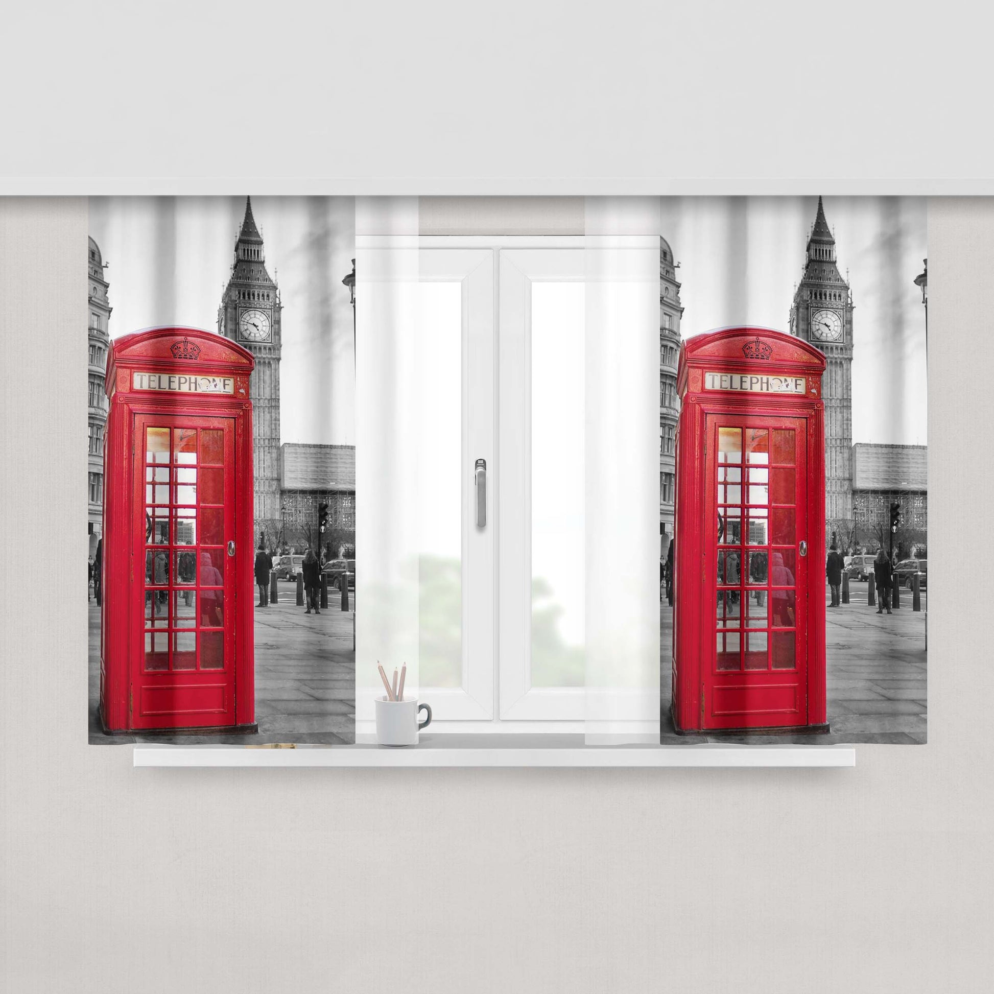 Classic British Red Telephone Box Peach Skin Window Curtains