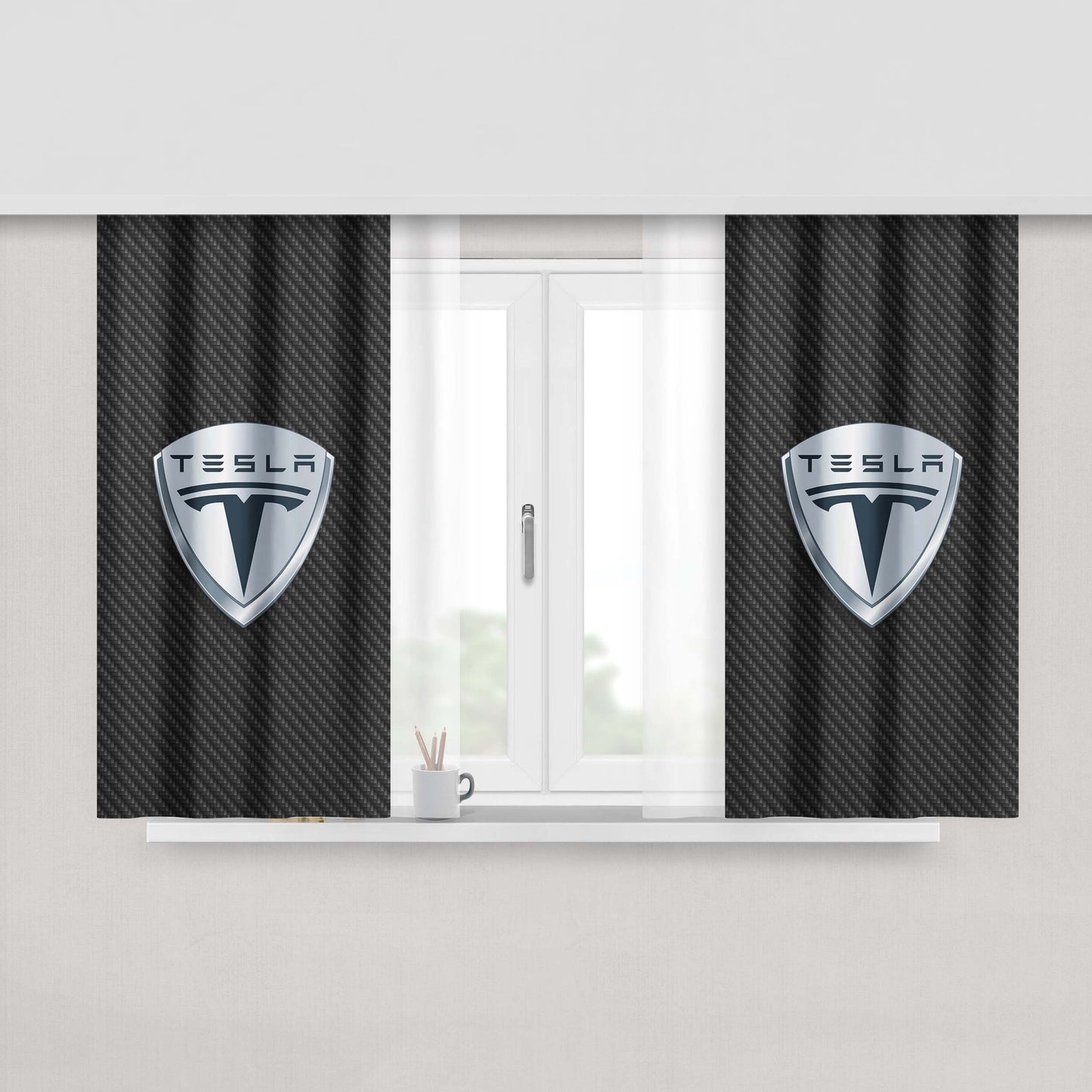 Classic Tesla Carbon Fiber Logo Peach Skin Window Curtains