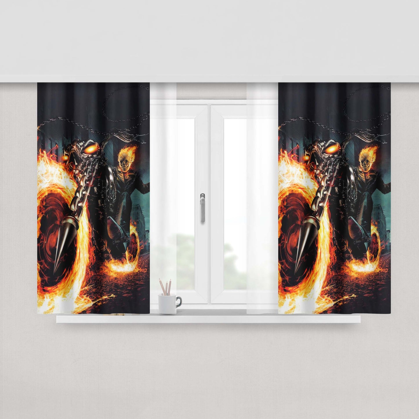 Ghost Rider In Flame Fire Motorcycle Peach Skin Window Curtains