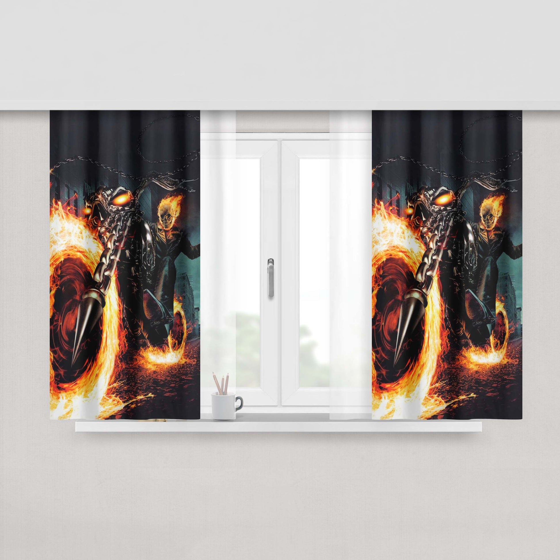 Ghost Rider In Flame Fire Motorcycle Peach Skin Window Curtains
