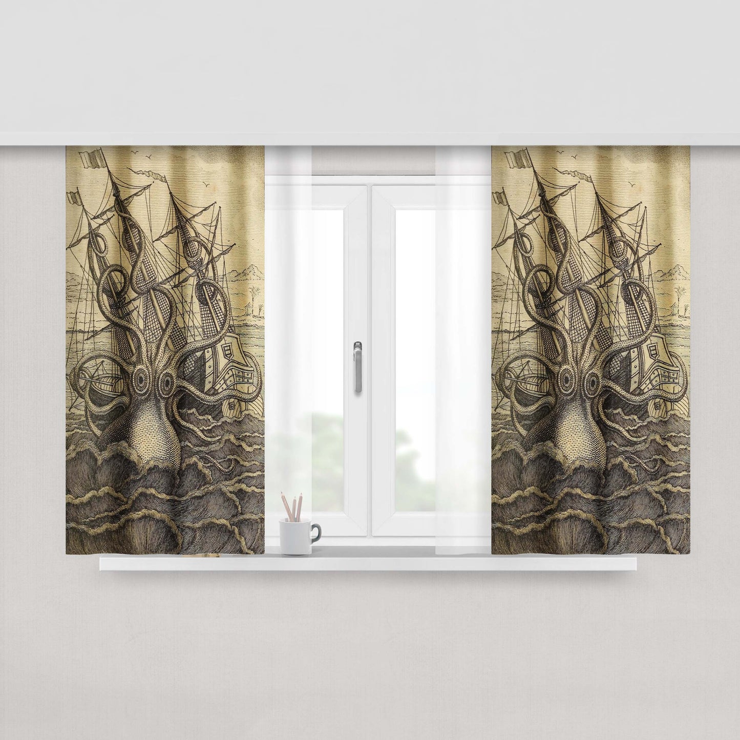 Giant Kraken Cabral Nautical Peach Skin Window Curtains