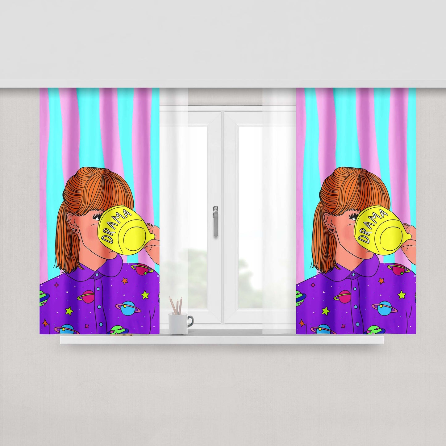 Girl Is Drinking Tea Drama Peach Skin Window Curtains