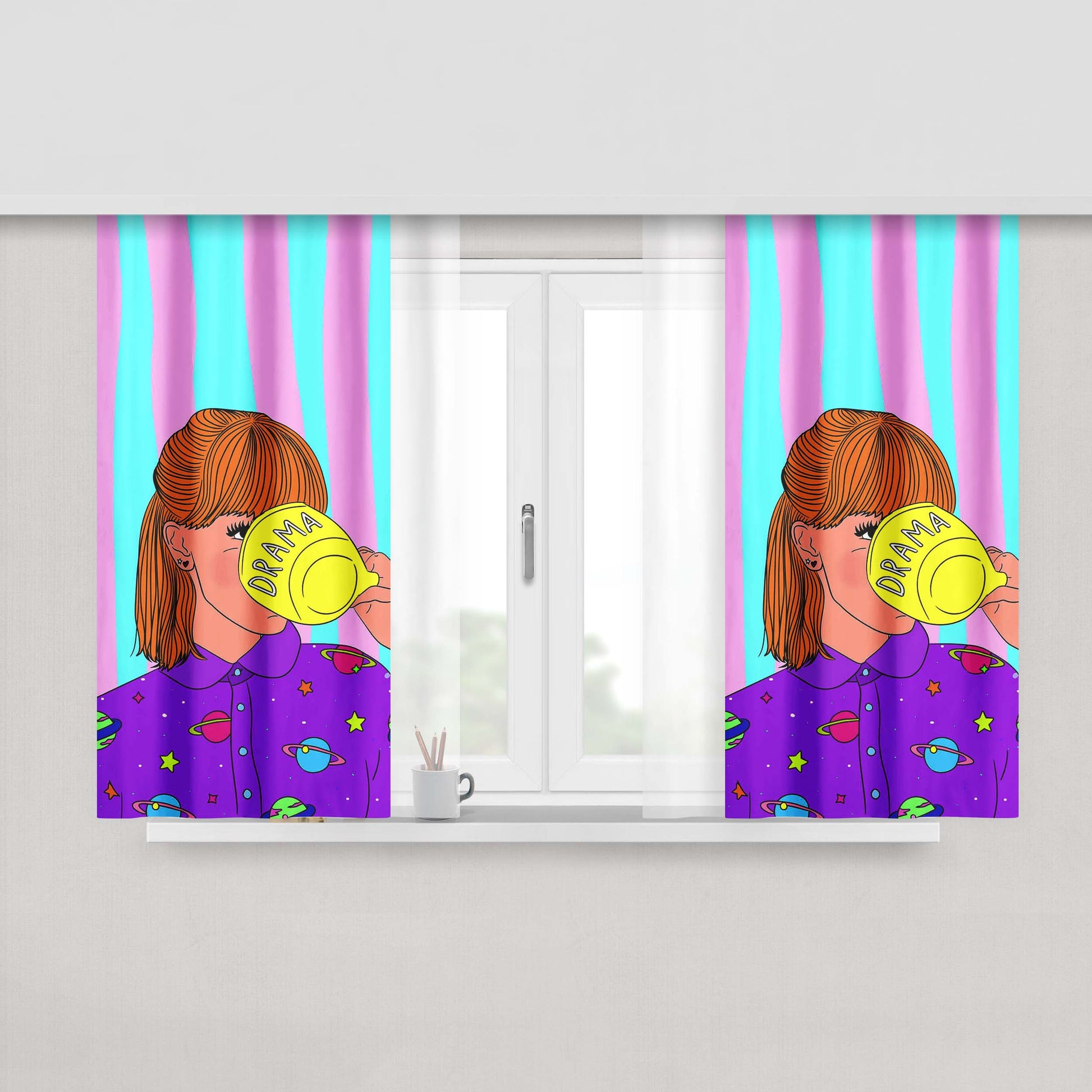 Girl Is Drinking Tea Drama Peach Skin Window Curtains