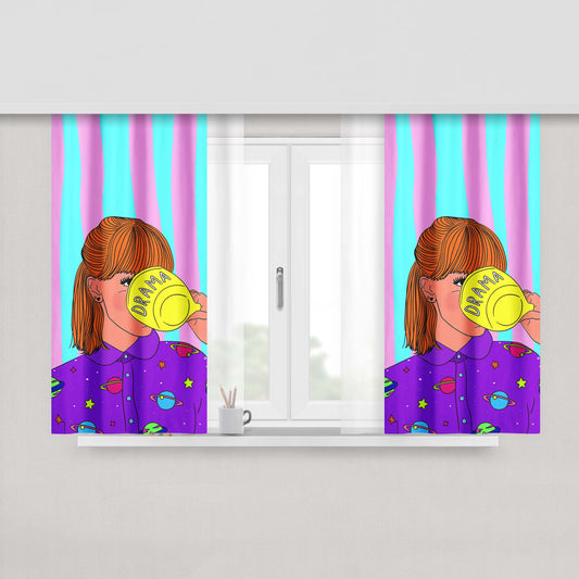 Girl Is Drinking Tea Drama Peach Skin Window Curtains