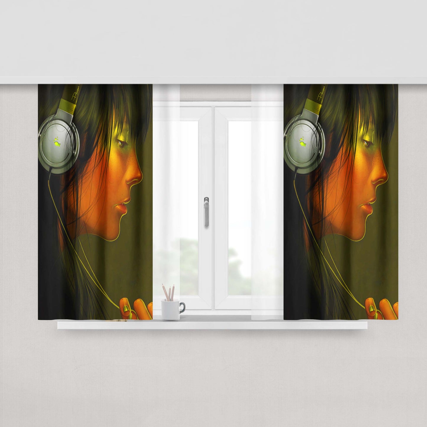Girl Listening Music Peach Skin Window Curtains